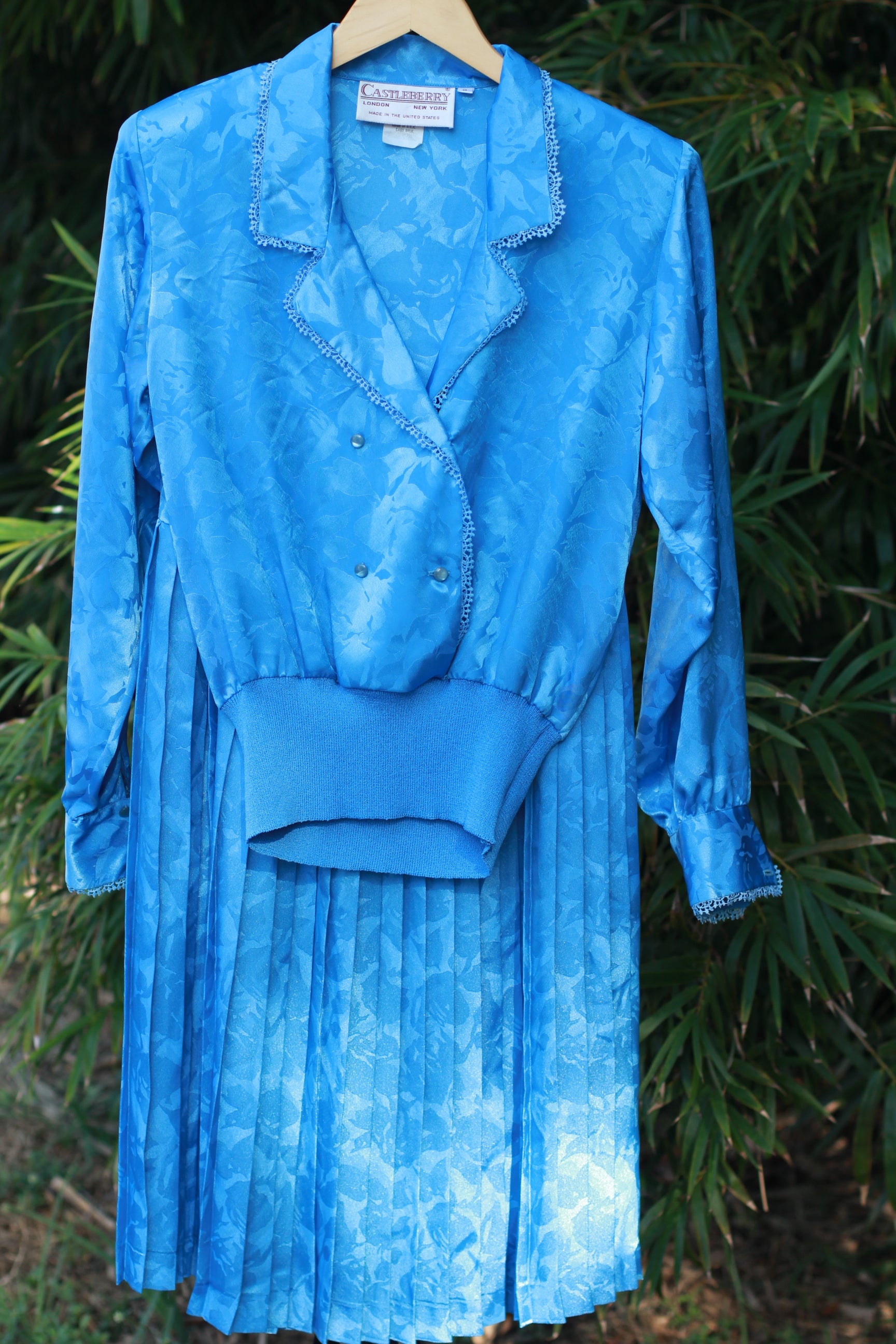 Front view of vintage Castleberry blue floral brocade blouse and skirt set