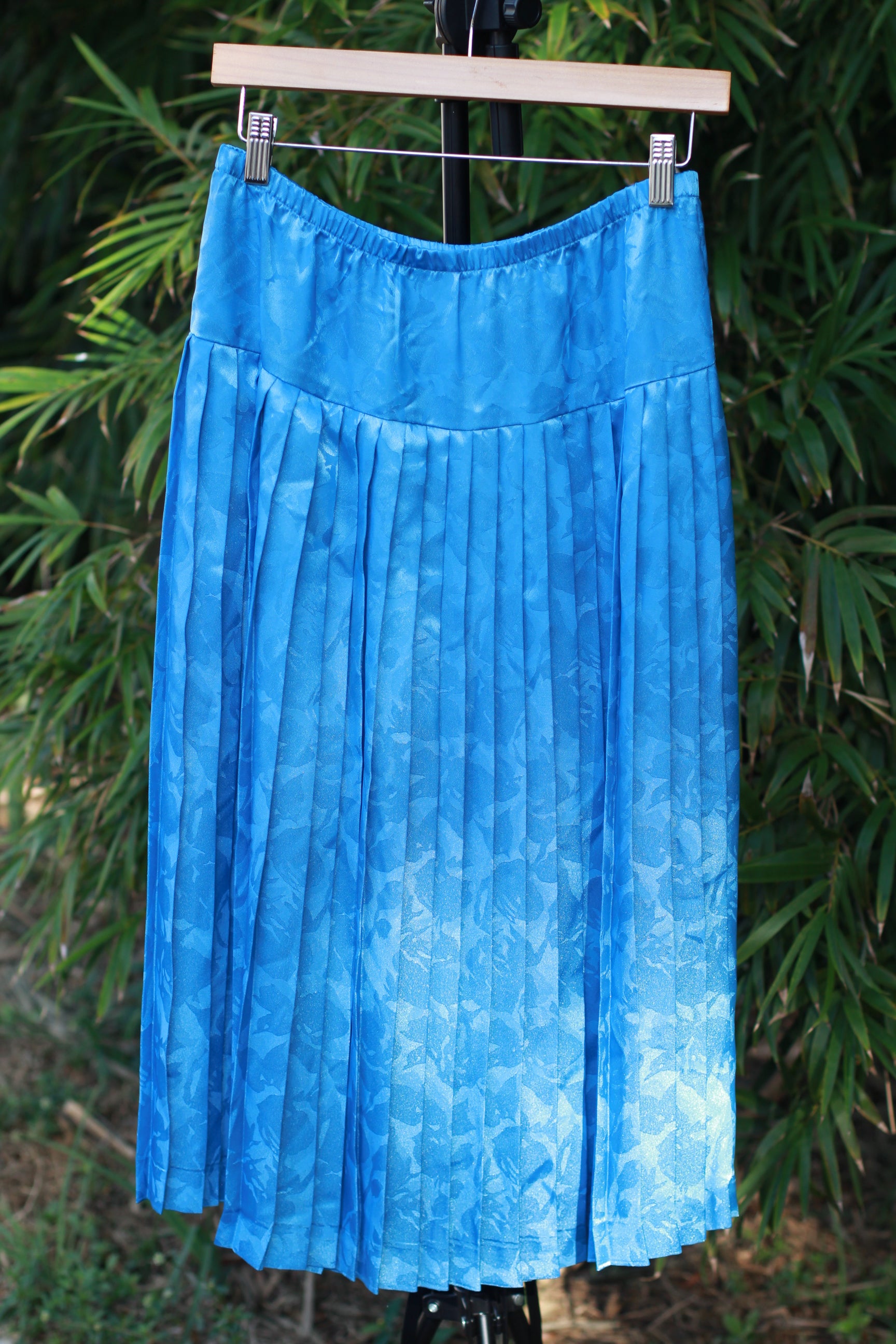 Front view of vintage Castleberry blue floral brocade skirt