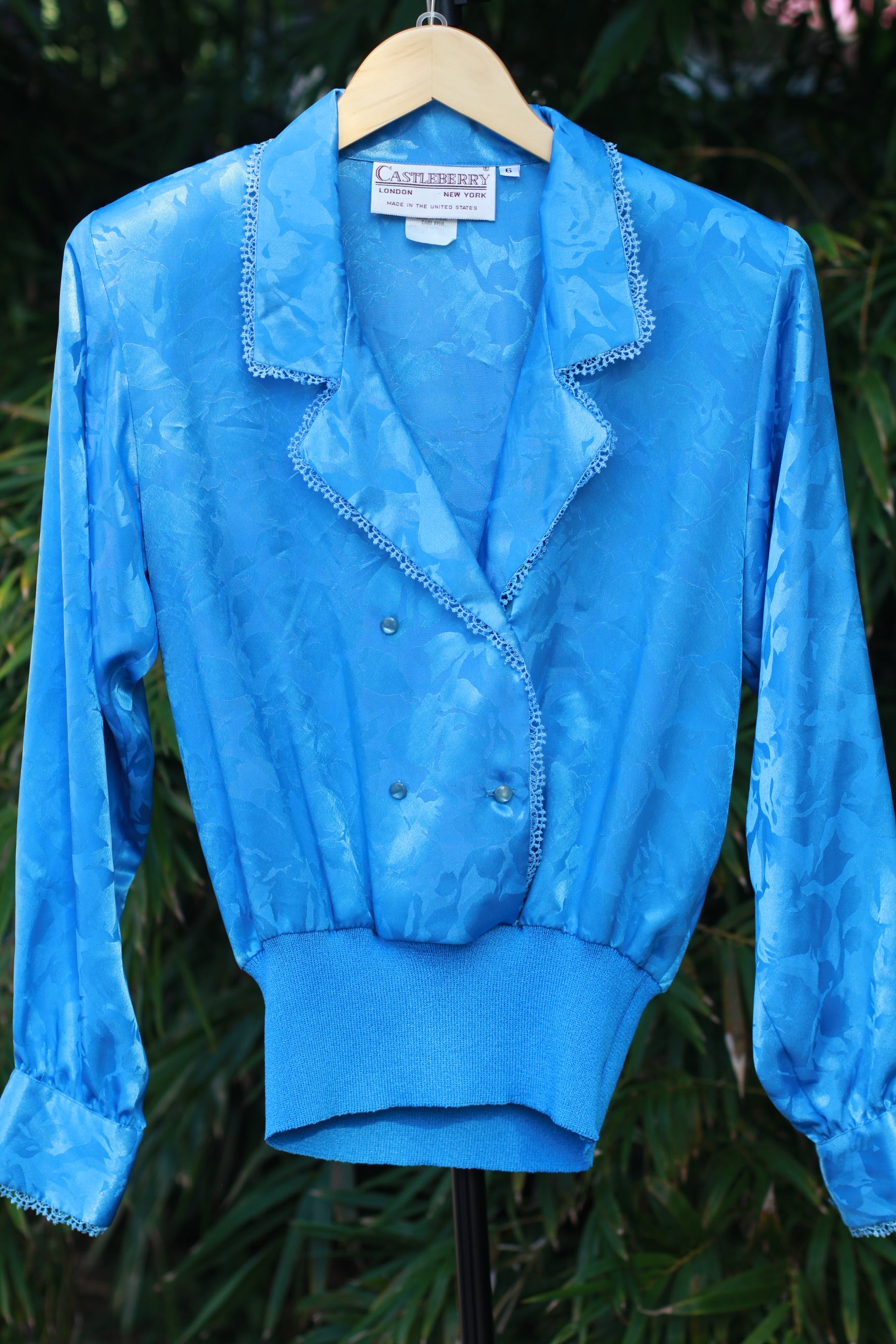 Front view of vintage Castleberry blue floral brocade blouse 