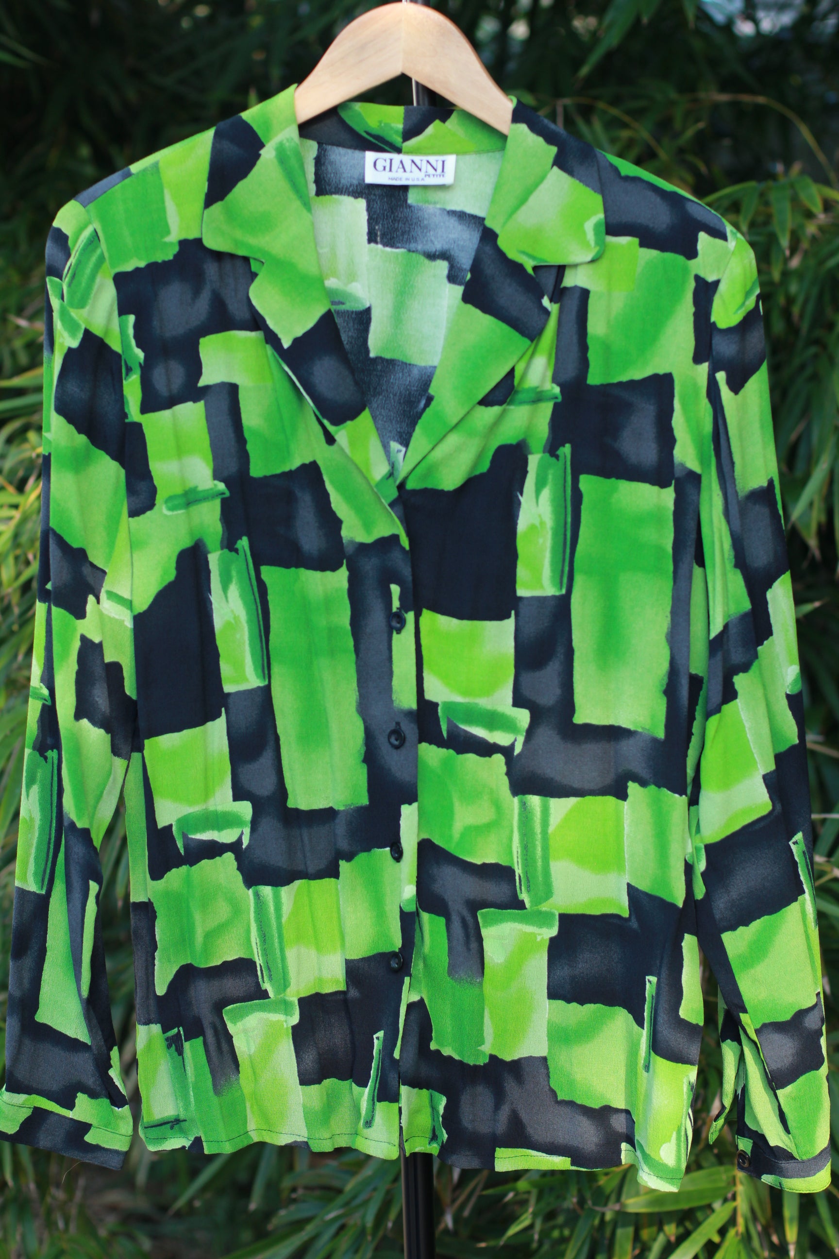 Front view of vintage 90s Gianni Petite abstract button-down blouse