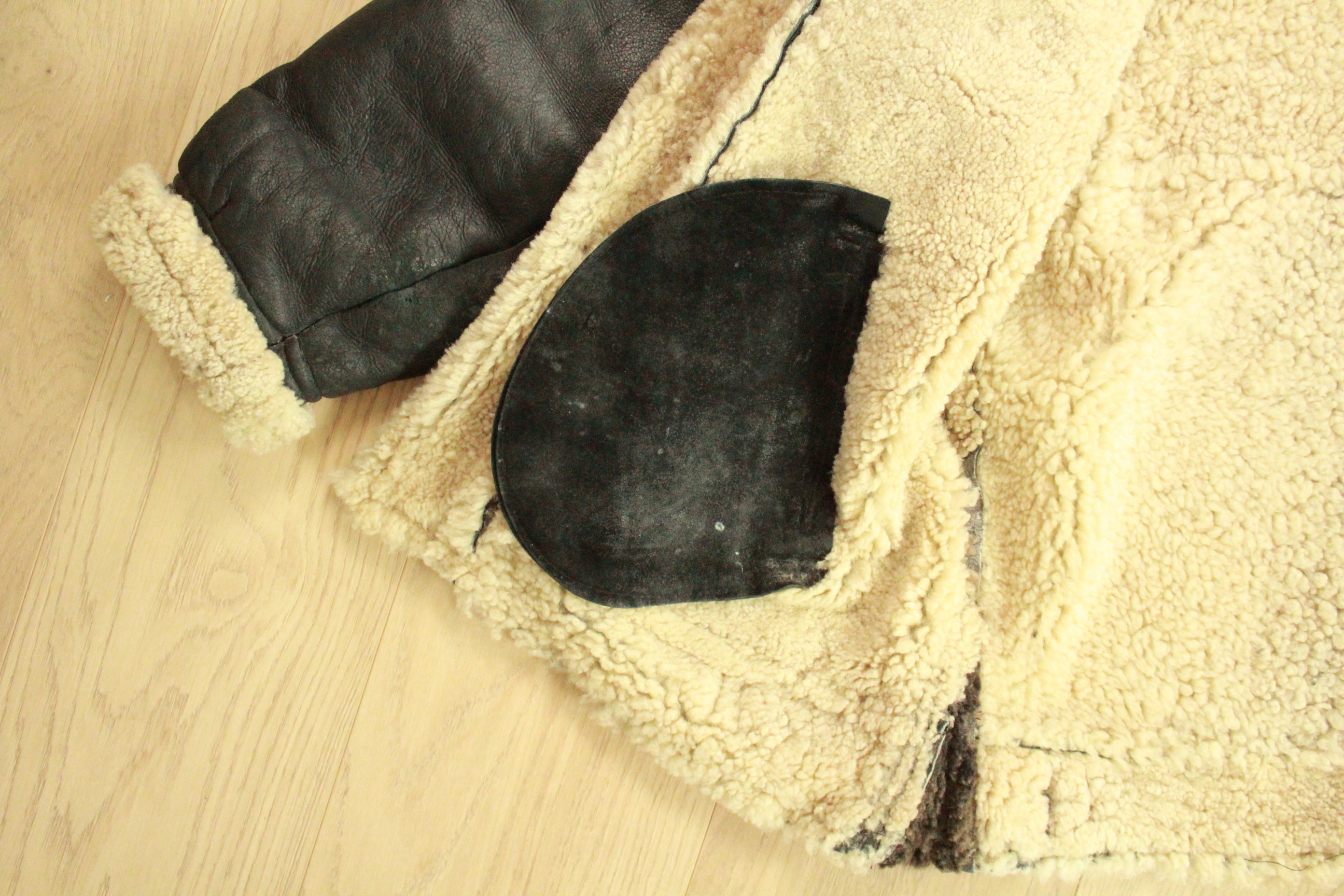 Close-up of inside pocket on Vintage Black B3 Shearling Bomber Jacket