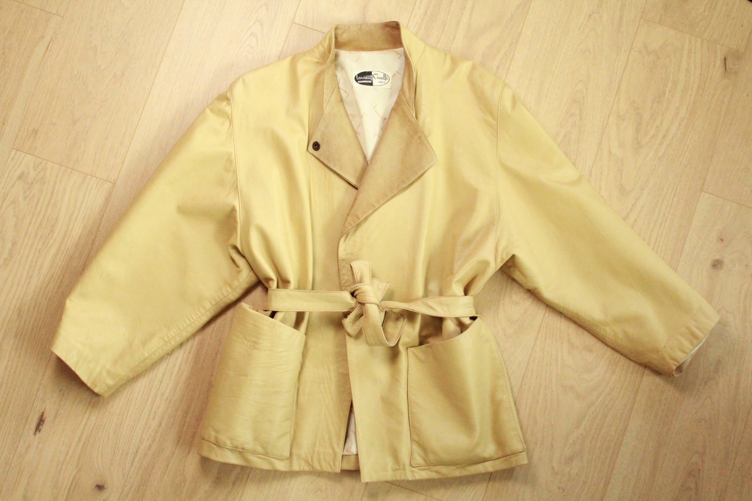 Vintage Beige Leather Tie-Belt Jacket – 1980s Paris Made Oversized Coat