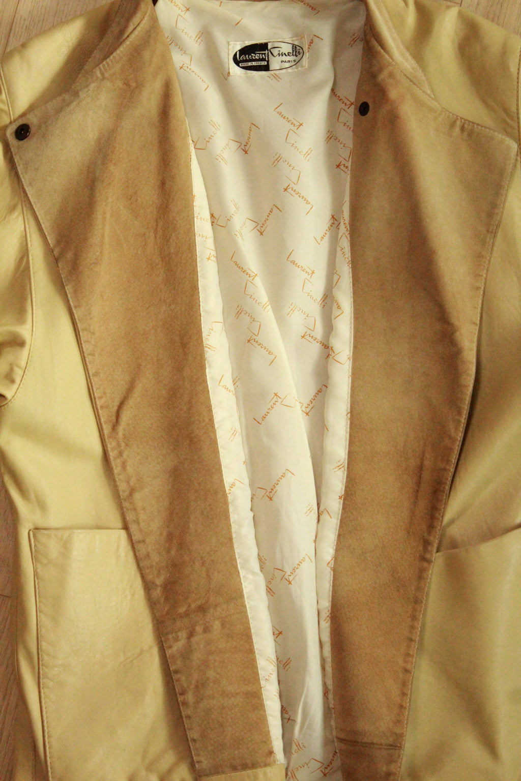 Close-up of open suede lapels on Vintage Beige Leather Tie-Belt Jacket 