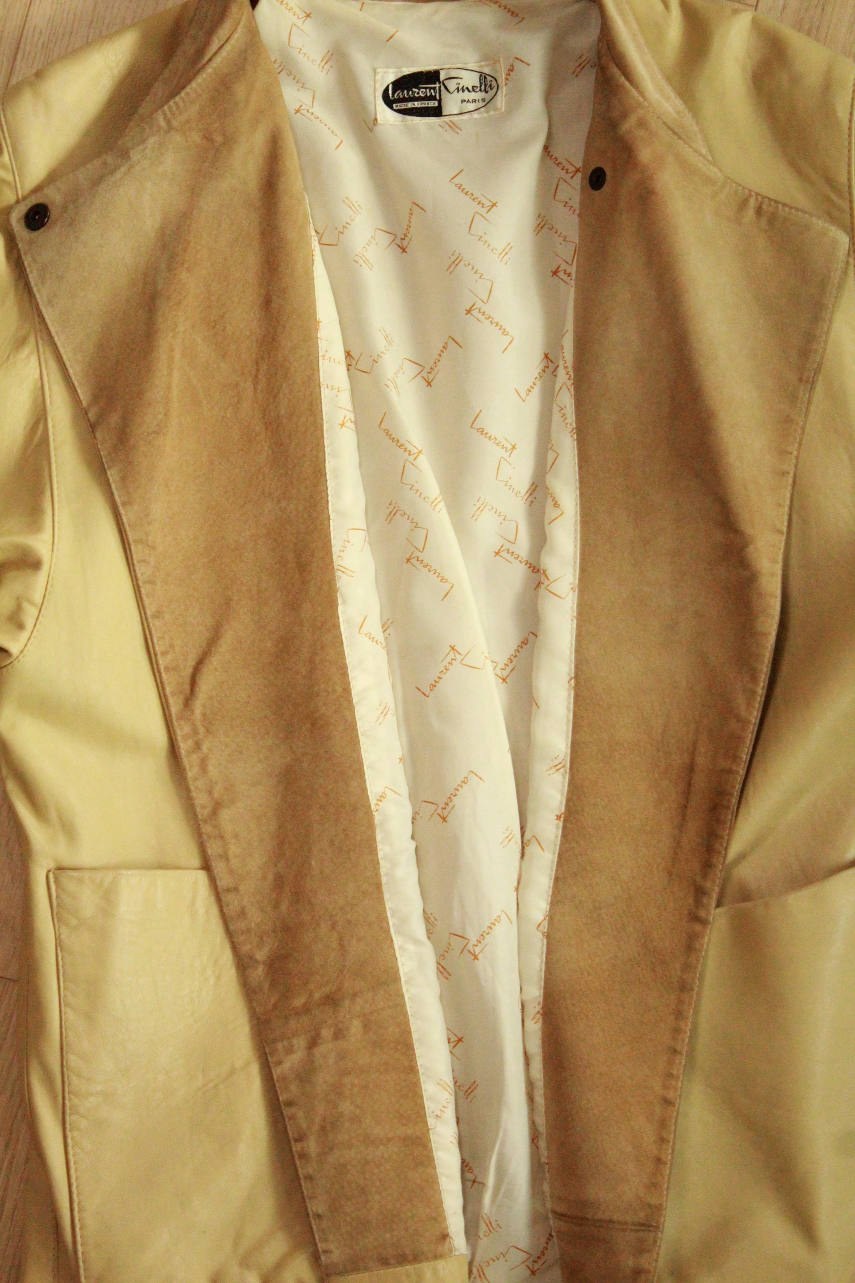 Close-up of open suede lapels on Vintage Beige Leather Tie-Belt Jacket 