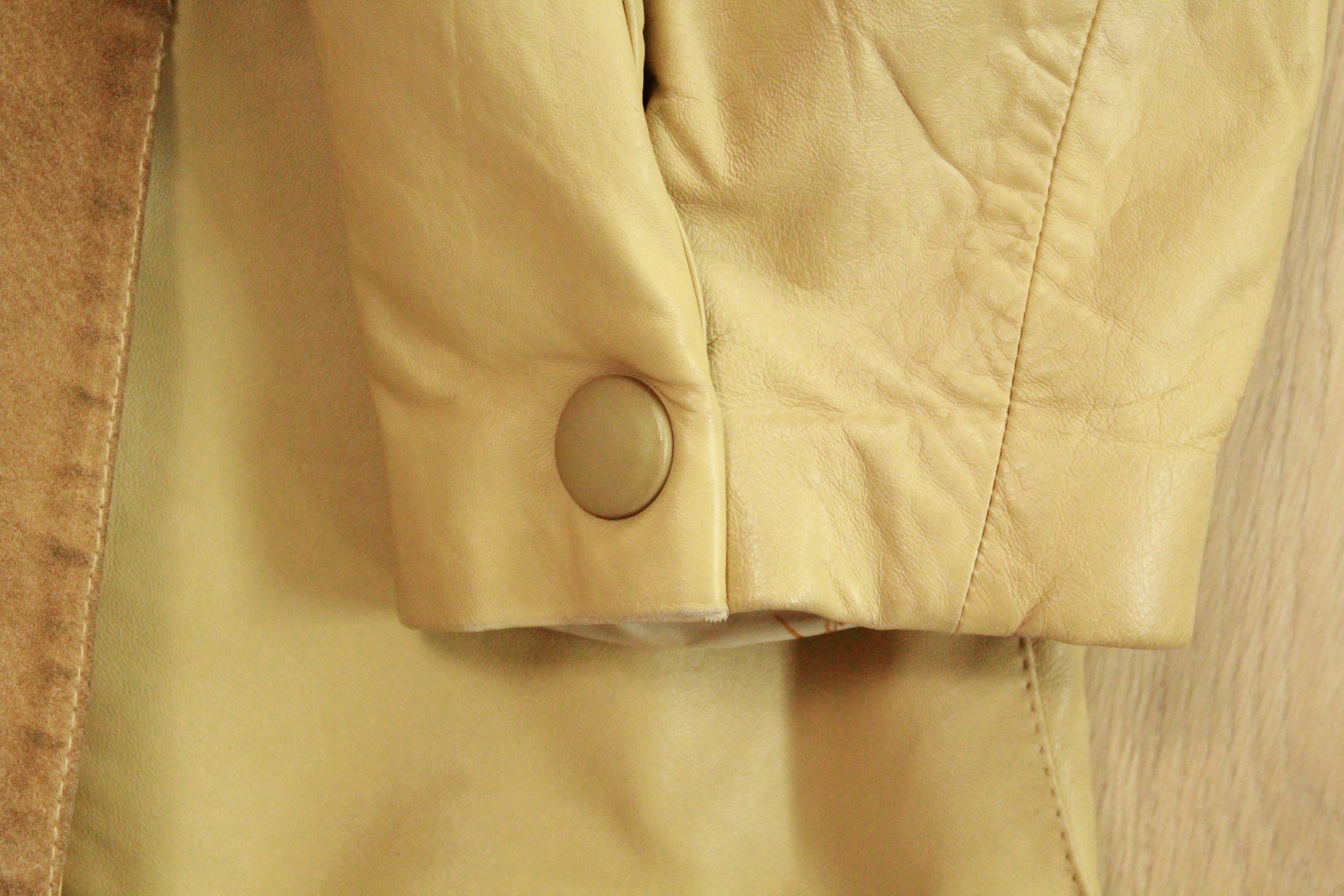 Vintage Beige Leather Tie-Belt Jacket – 1980s Paris Made Oversized Coat