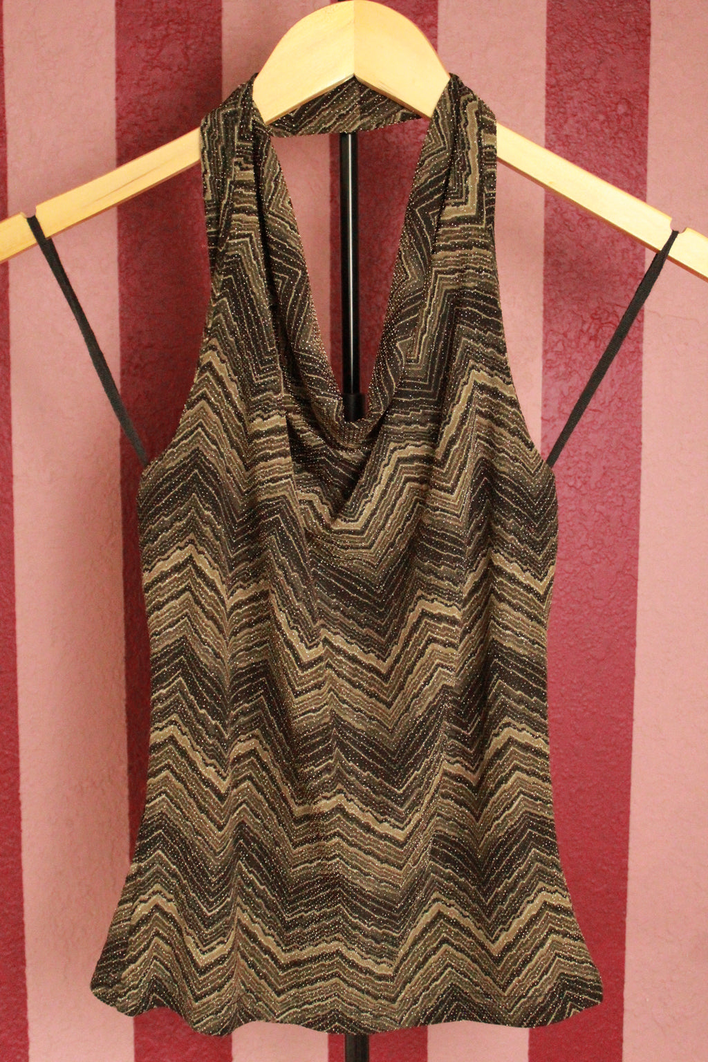 Vintage 90s/Y2K Cowl Neck Halter Top – Army Green Zig-Zag Lurex, Open Back (Size L)