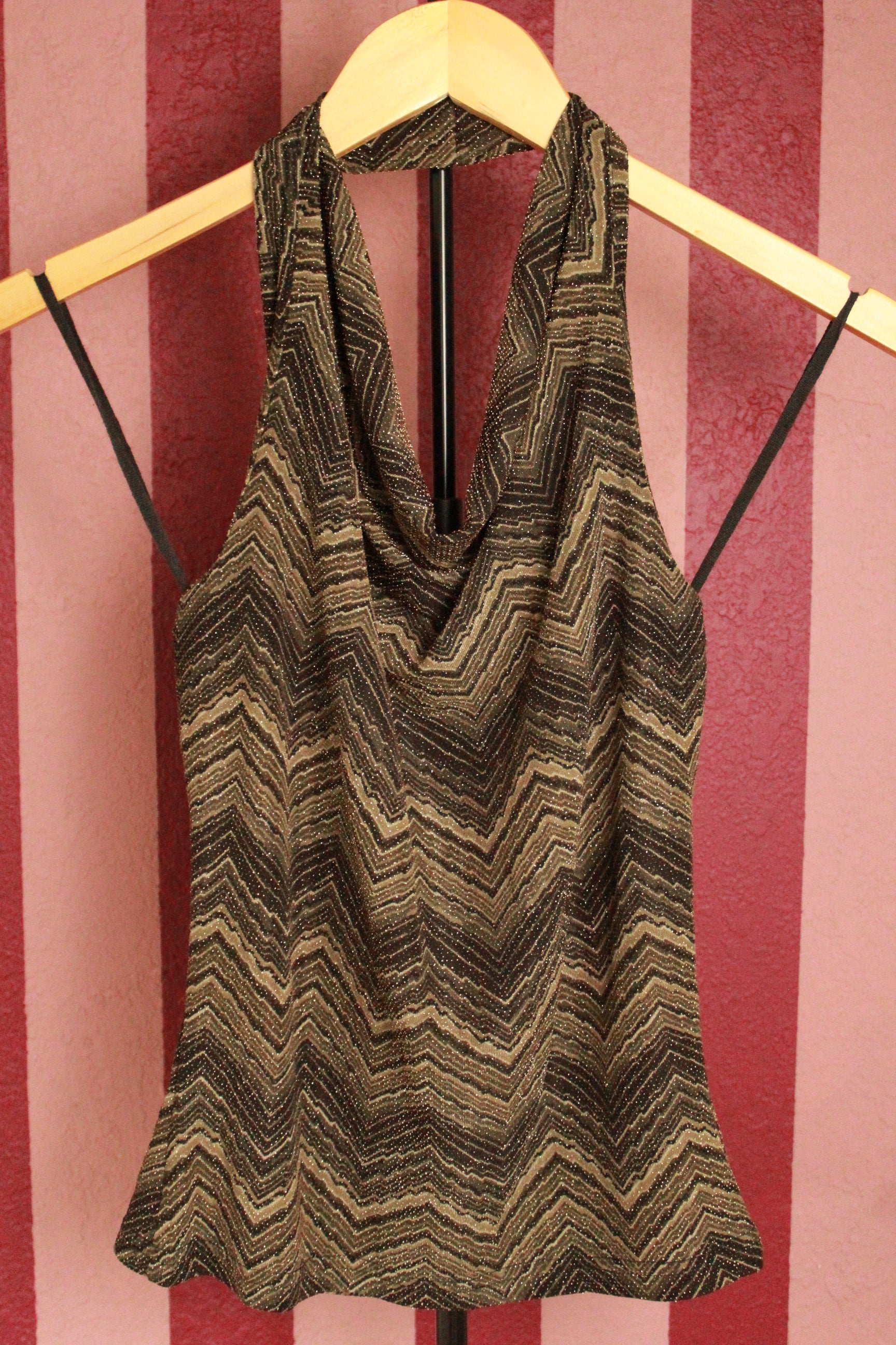 Vintage 90s/Y2K Cowl Neck Halter Top – Army Green Zig-Zag Lurex, Open Back (Size L)