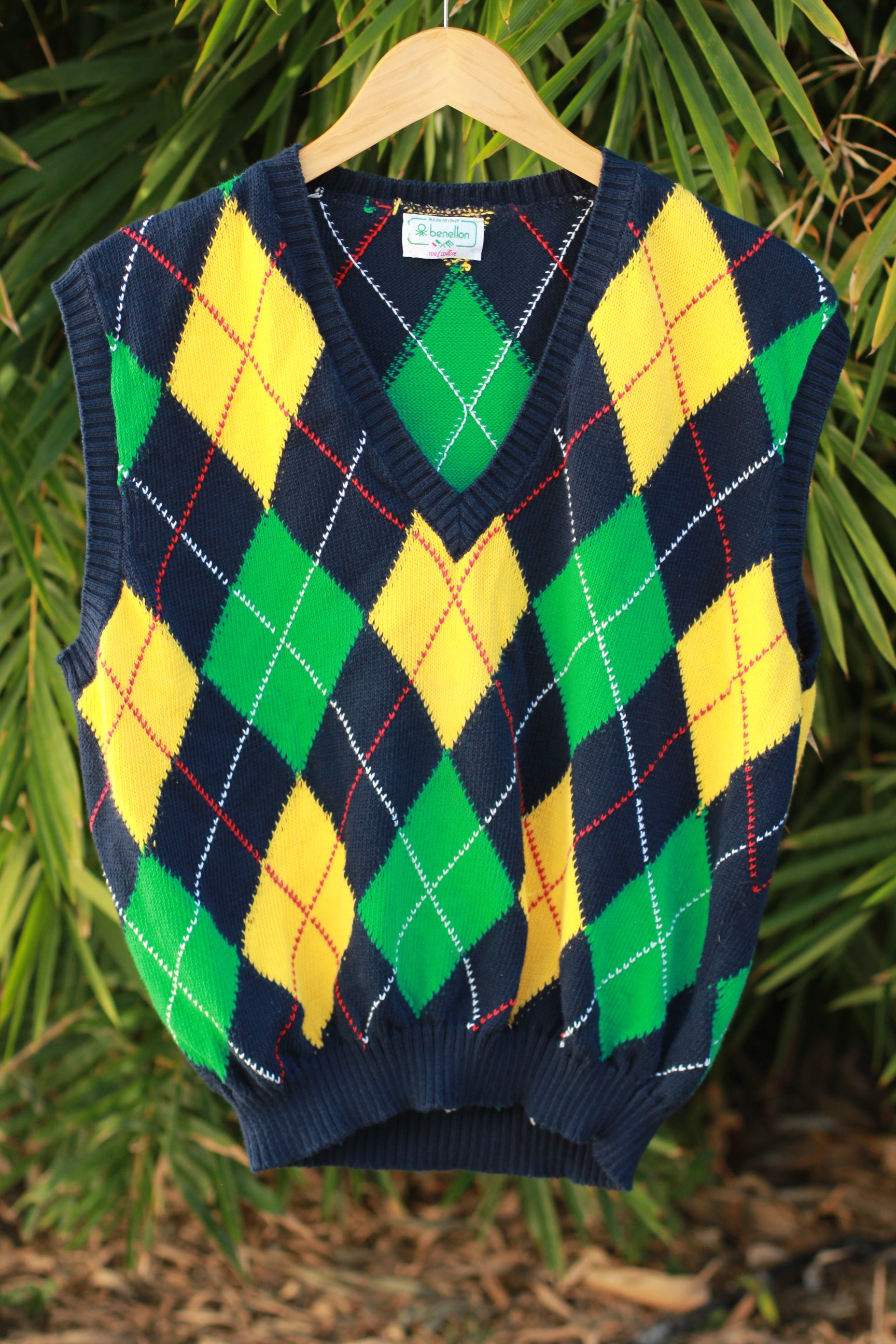 Vintage 1980s Colors of Benetton Argyle Sweater Vest – Italian Cotton, Preppy Golfer Style (Unisex)