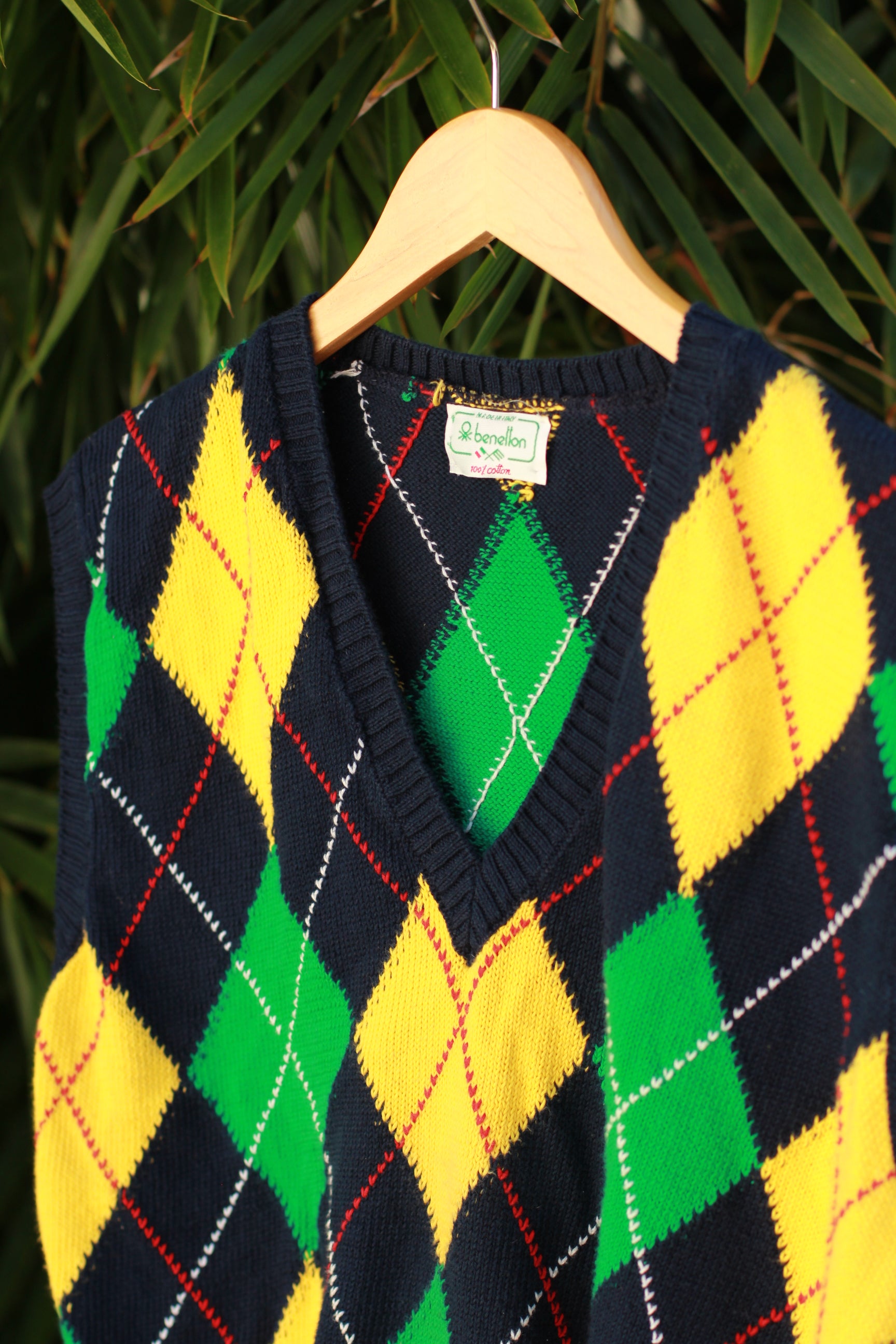 Vintage 1980s Colors of Benetton Argyle Sweater Vest – Italian Cotton, Preppy Golfer Style (Unisex)