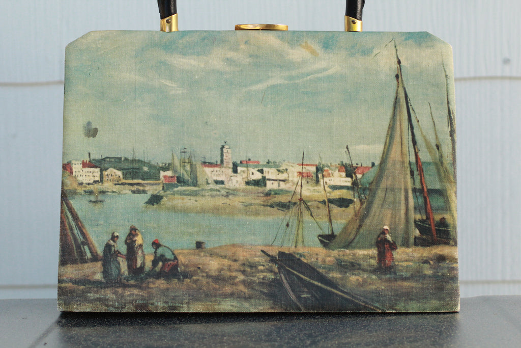 Vintage 1950s Tano of Madrid Harbor Scene Leather Handbag | Made in Spain
