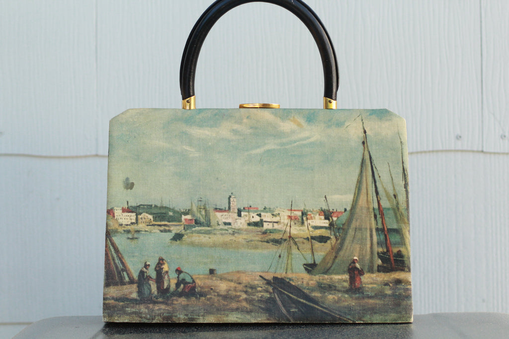 Vintage 1950s Tano of Madrid Harbor Scene Leather Handbag | Made in Spain