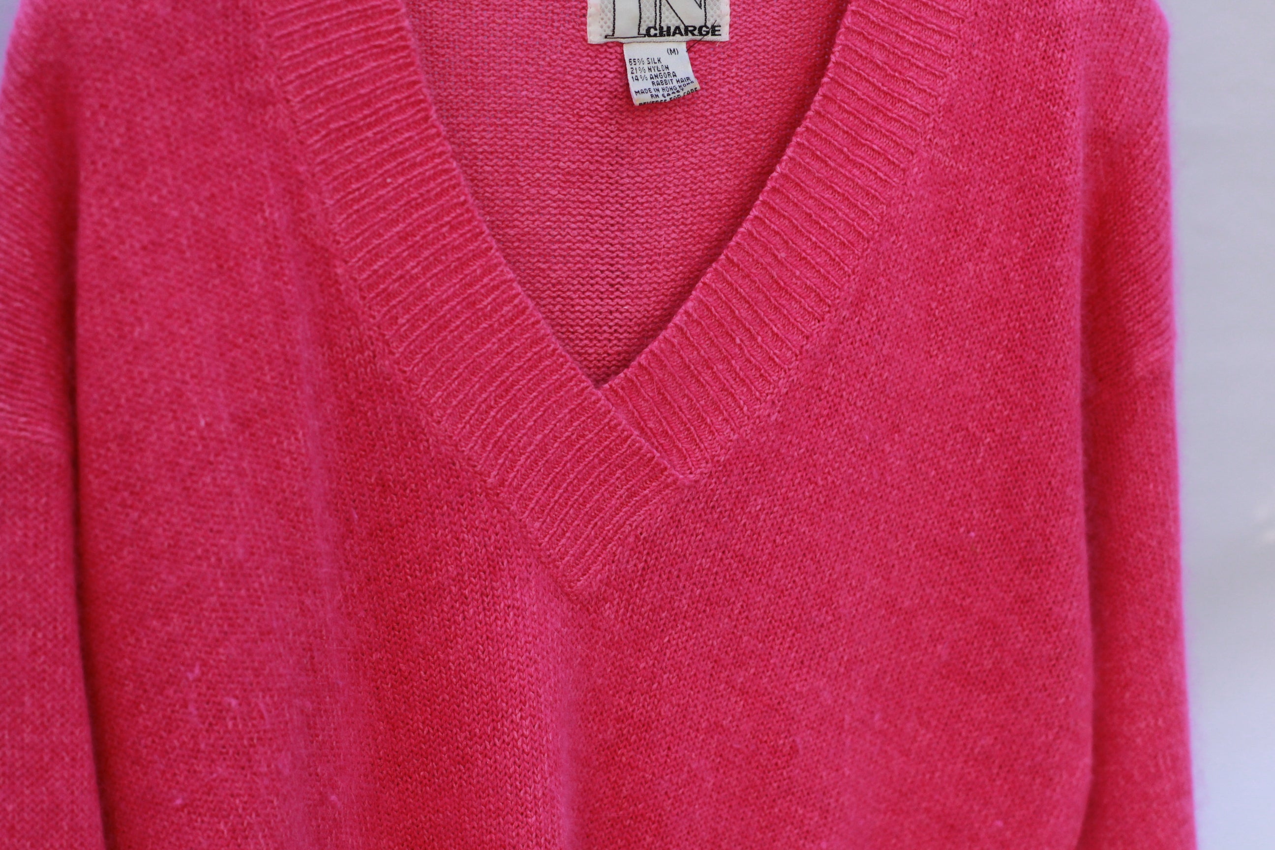 Vintage 1980s Hot Pink Oversized V-Neck Sweater – Silk Angora Blend Soft Knit, Shoulder Pads, Size Medium