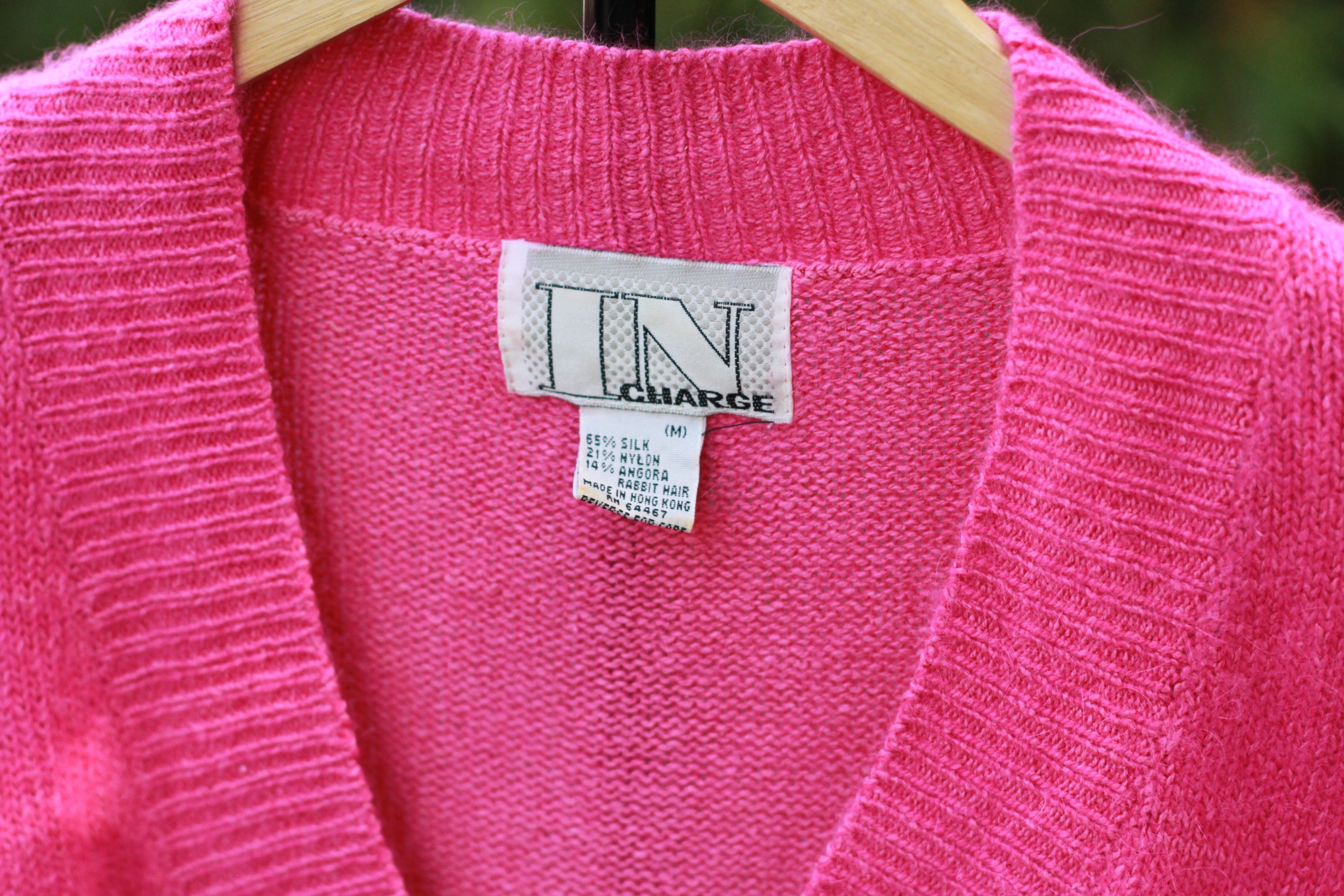 Vintage 1980s Hot Pink Oversized V-Neck Sweater – Silk Angora Blend Soft Knit, Shoulder Pads, Size Medium