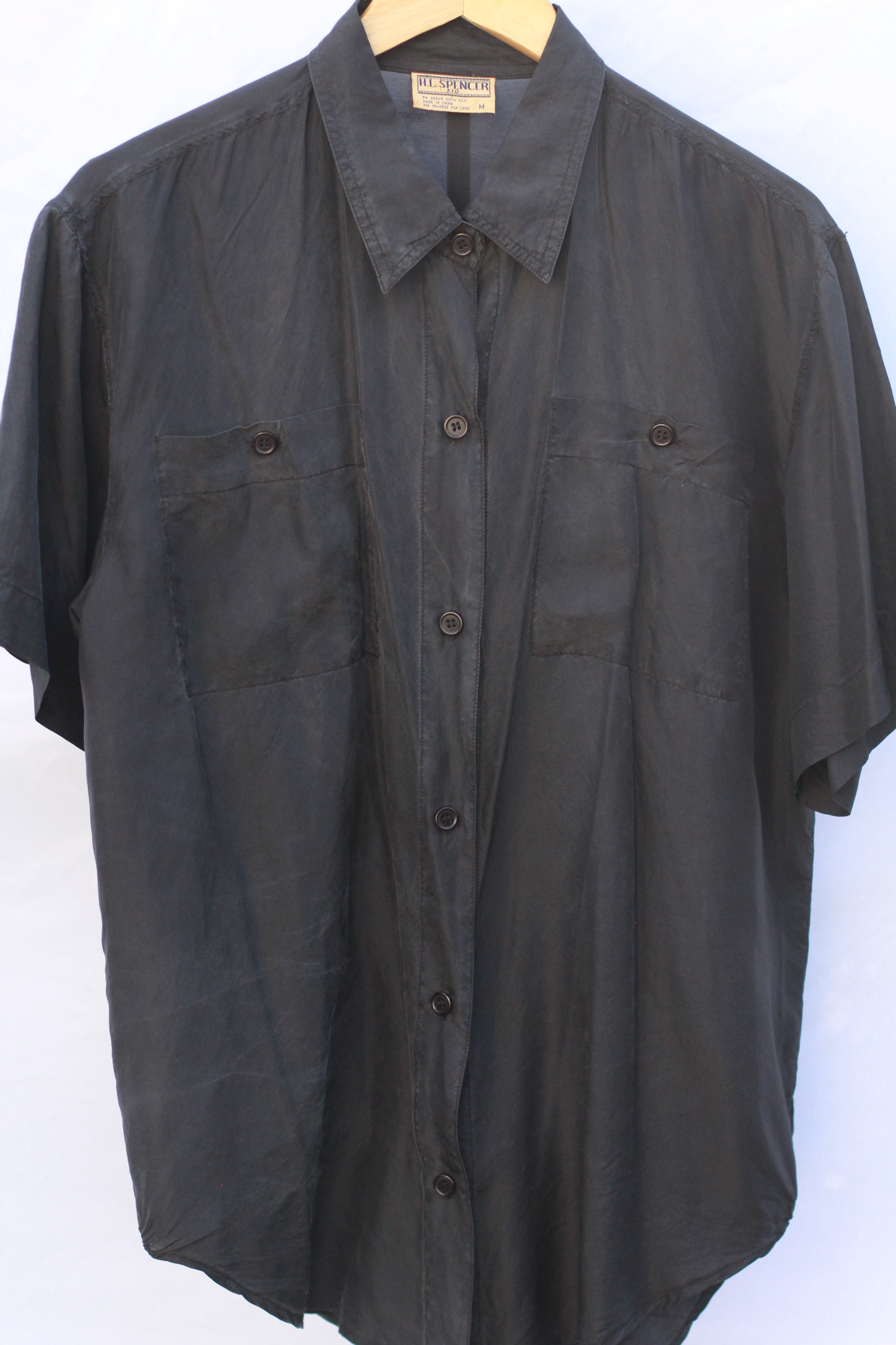 Vintage 1970s washed black silk short sleeve workwear shirt front view