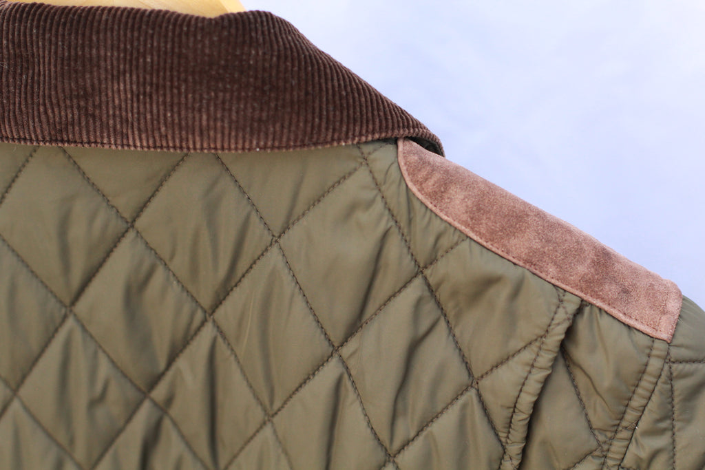 Close-up of corduroy collar and suede trim on Polo Ralph Lauren jacket