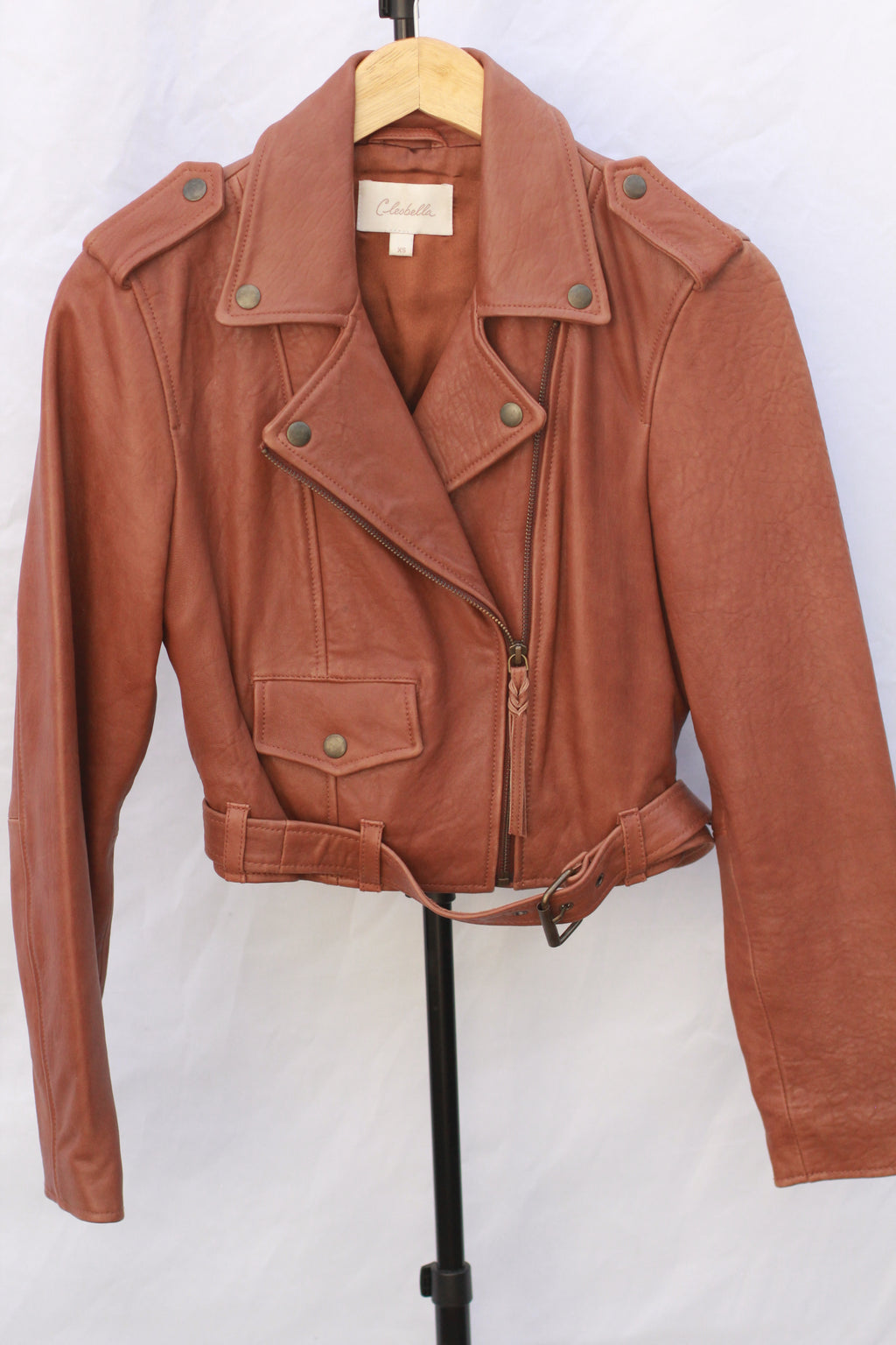 Cleobella cognac leather moto jacket front view women’s XS