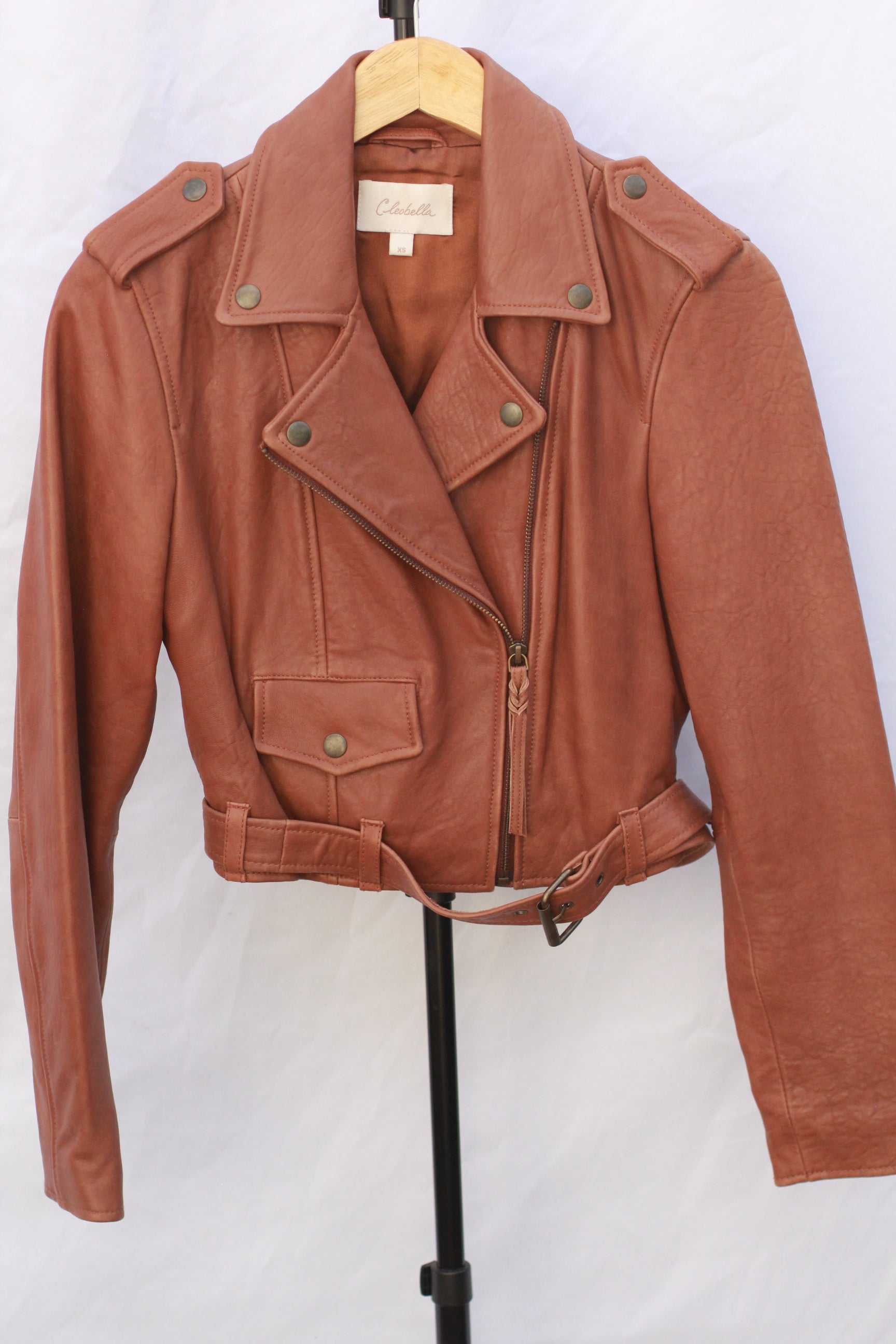 Cleobella cognac leather moto jacket front view women’s XS