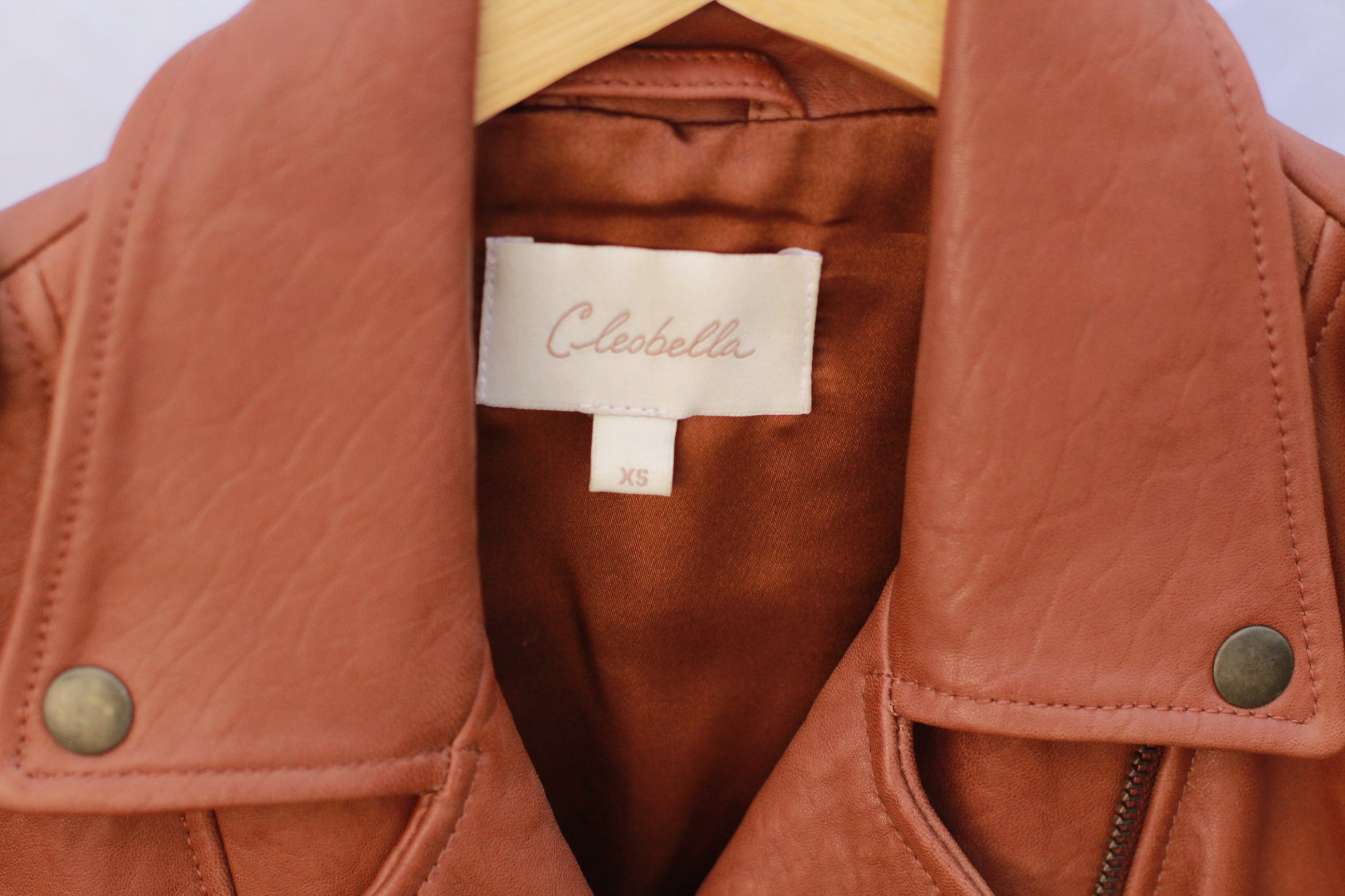 Detail of notched collar on leather biker jacket