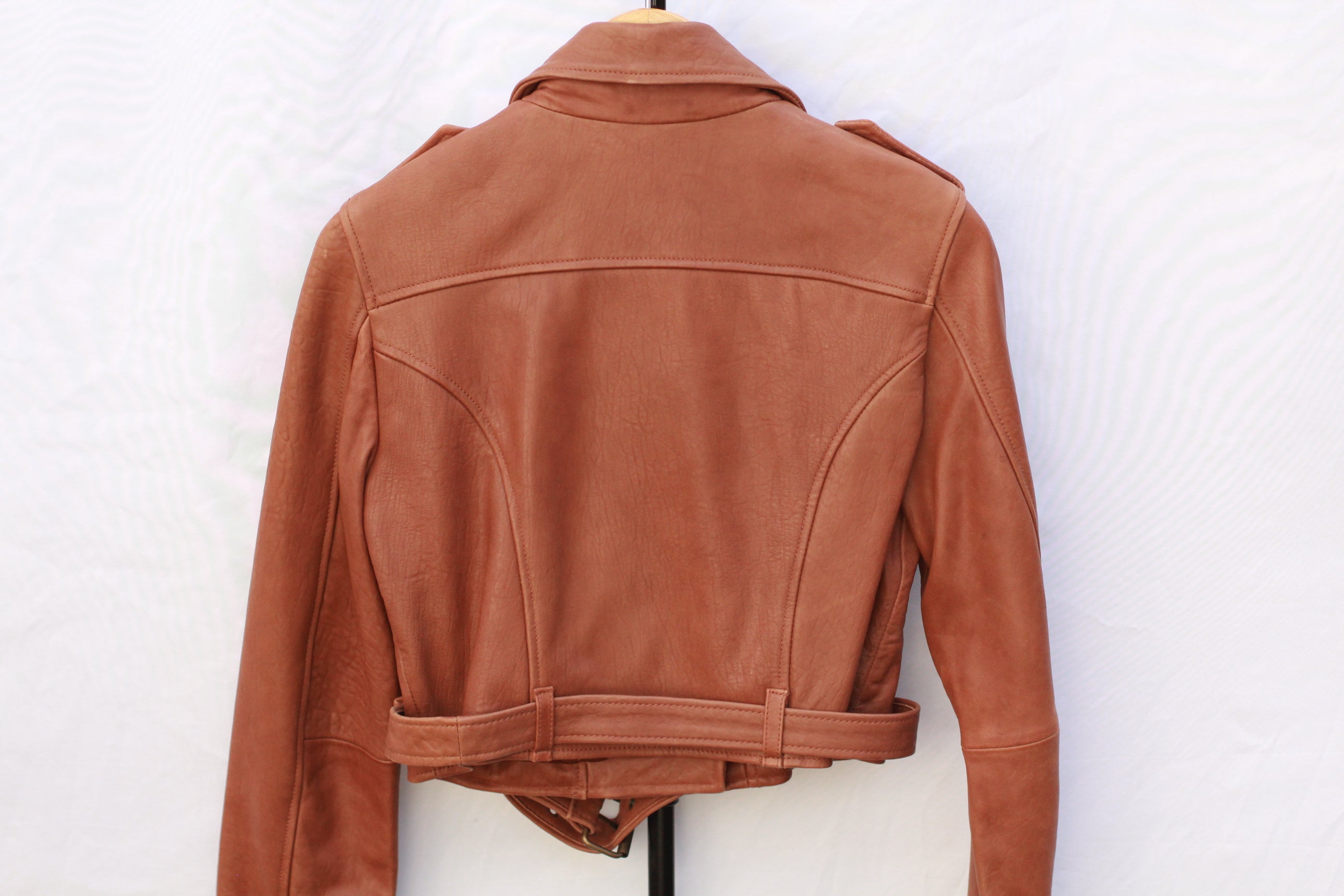 Back view of Cleobella sheepskin leather moto jacket