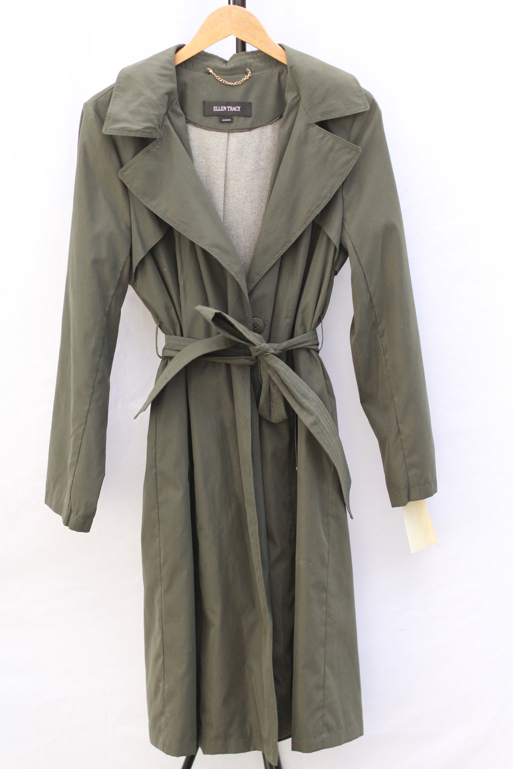 Olive green trench coat with removable hood front view