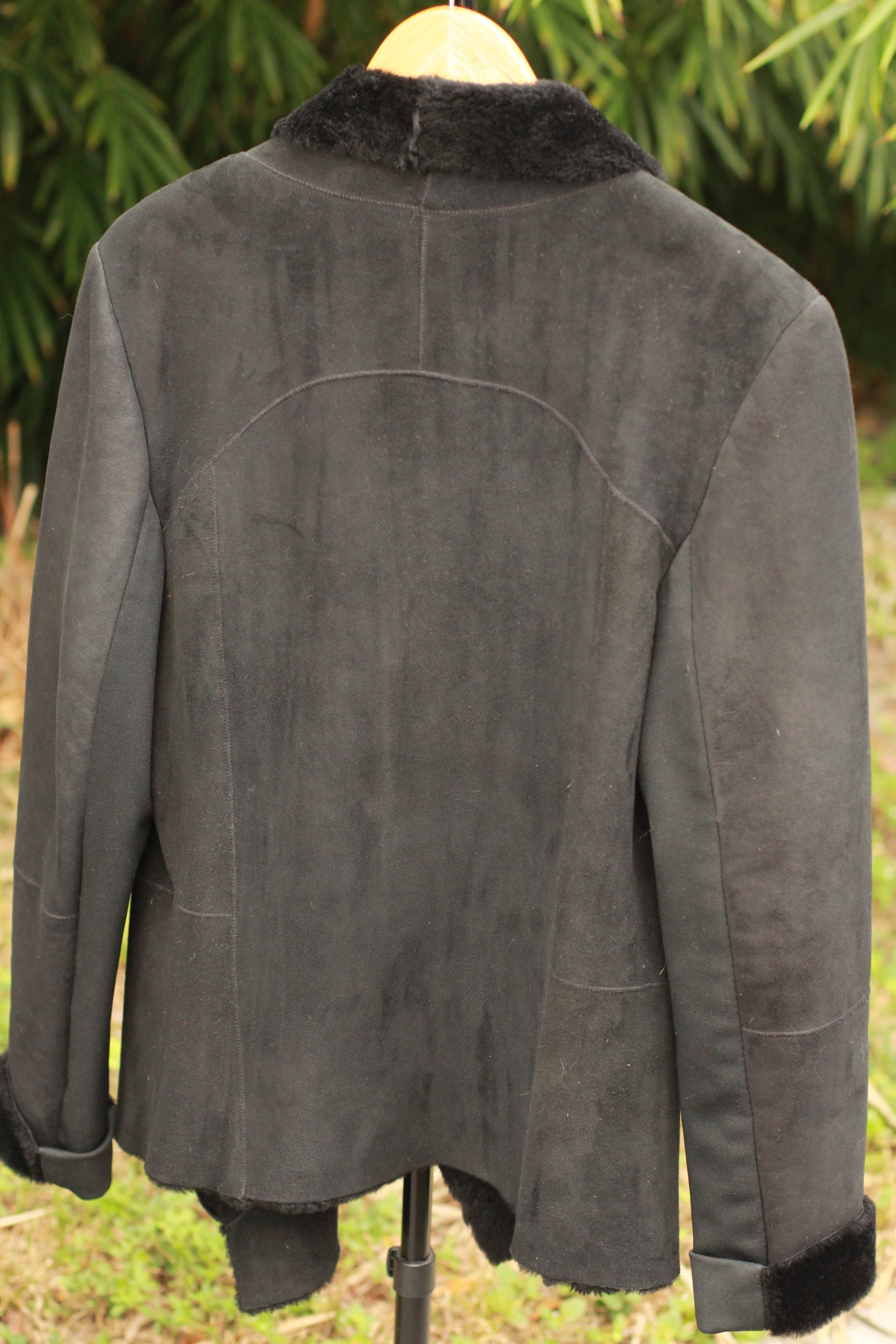 Back view of Blue Duck black double-faced shearling jacket