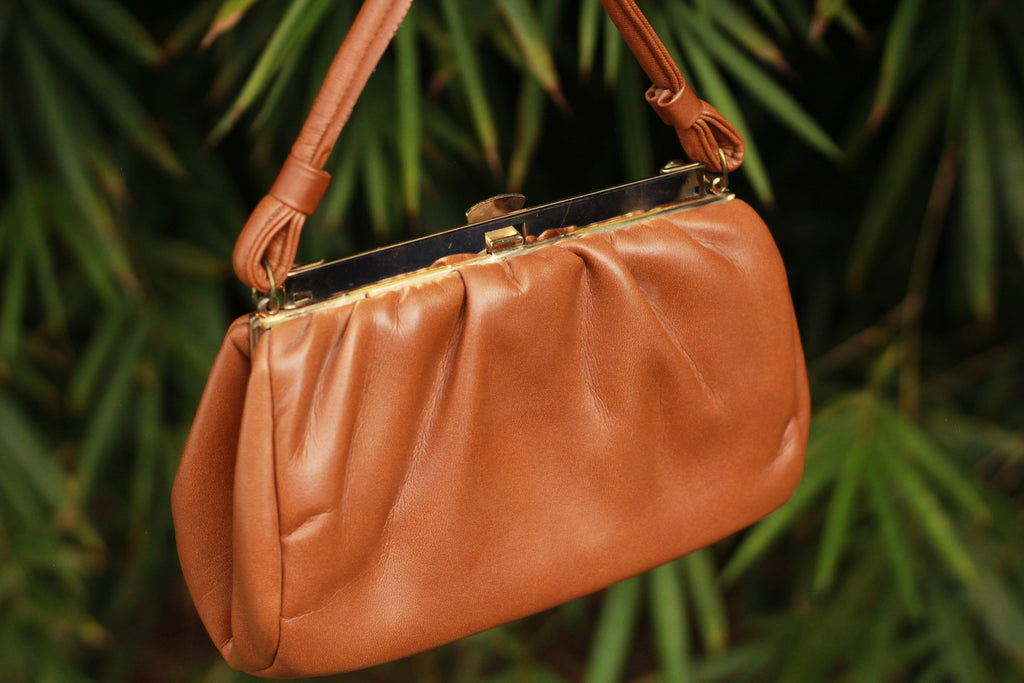 Vintage Cognac Top Handle Handbag – Faux Leather, Gold Hardware, Soft Retro Purse