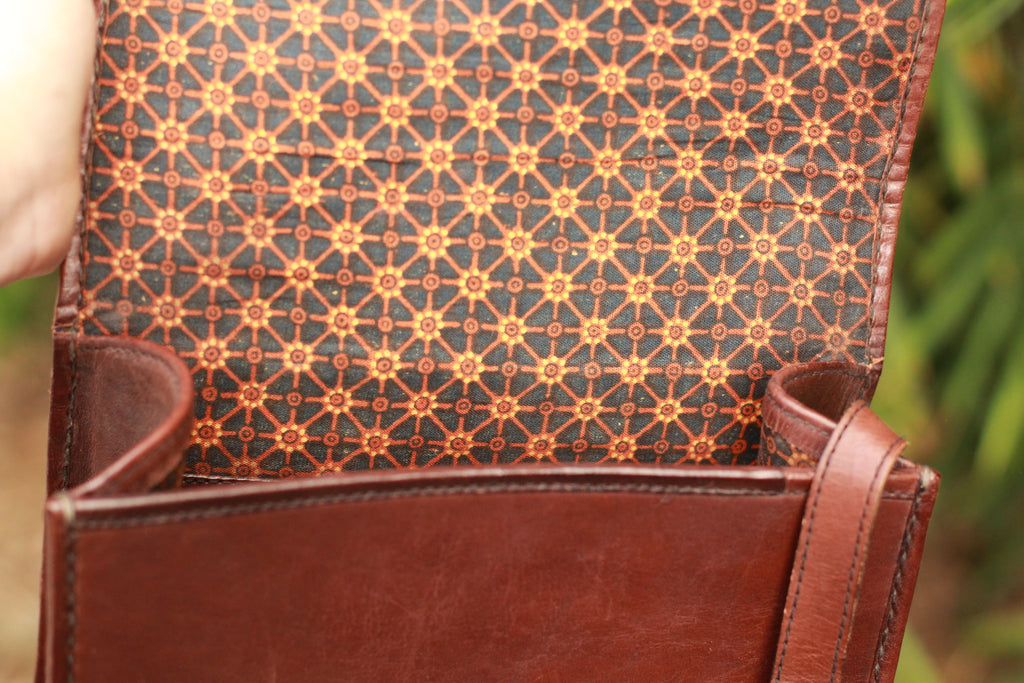cotton printed interior on Vintage Gammon Shire dark brown leather messenger bag