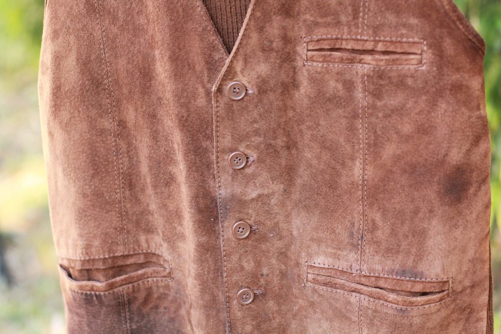 Vintage 1970s Montgomery Ward brown suede leather vest with ribbed knit back