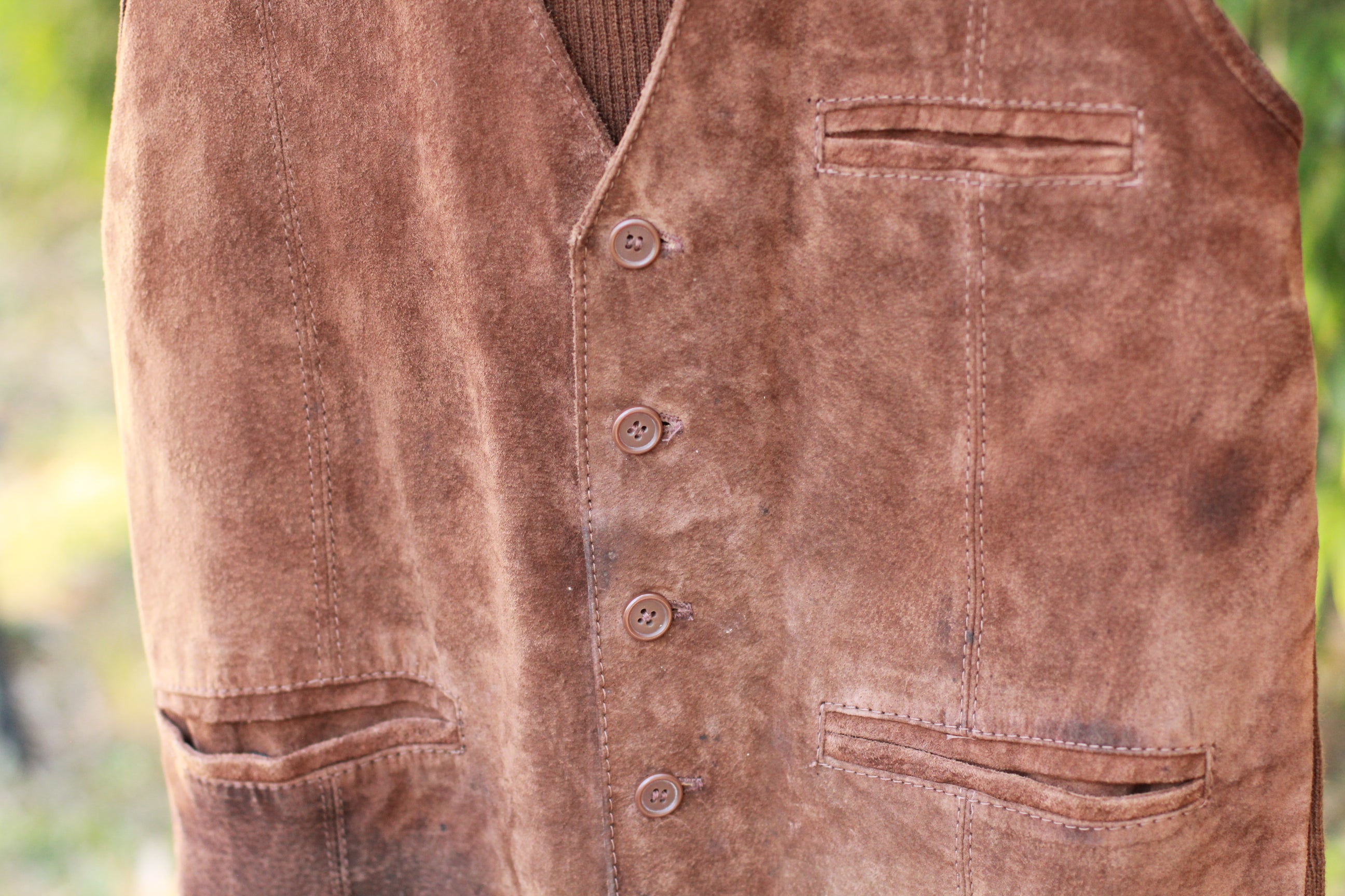 Vintage 1970s Montgomery Ward brown suede leather vest with ribbed knit back