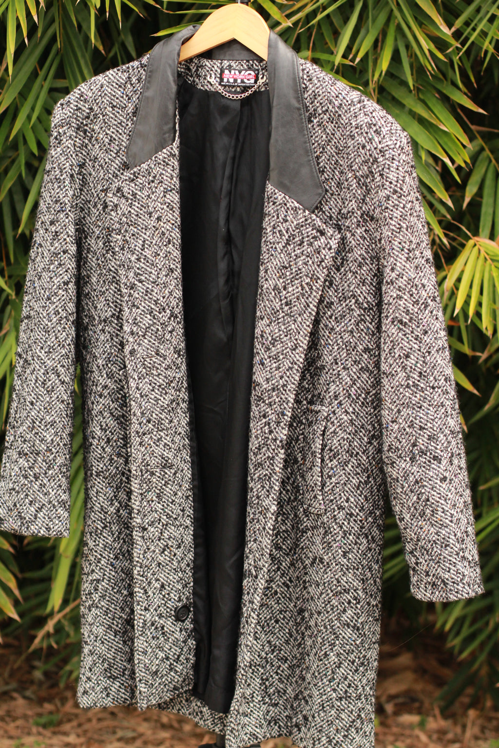 Vintage 1980s Herringbone Tweed Coat with Leather Lapels | Union Made USA