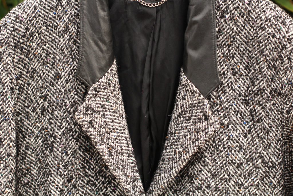 Close-up of leather lapels on vintage tweed coat, Union Made USA