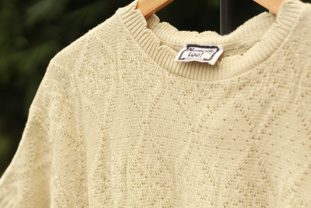 Close-up of scalloped neckline detail on 80s sweater