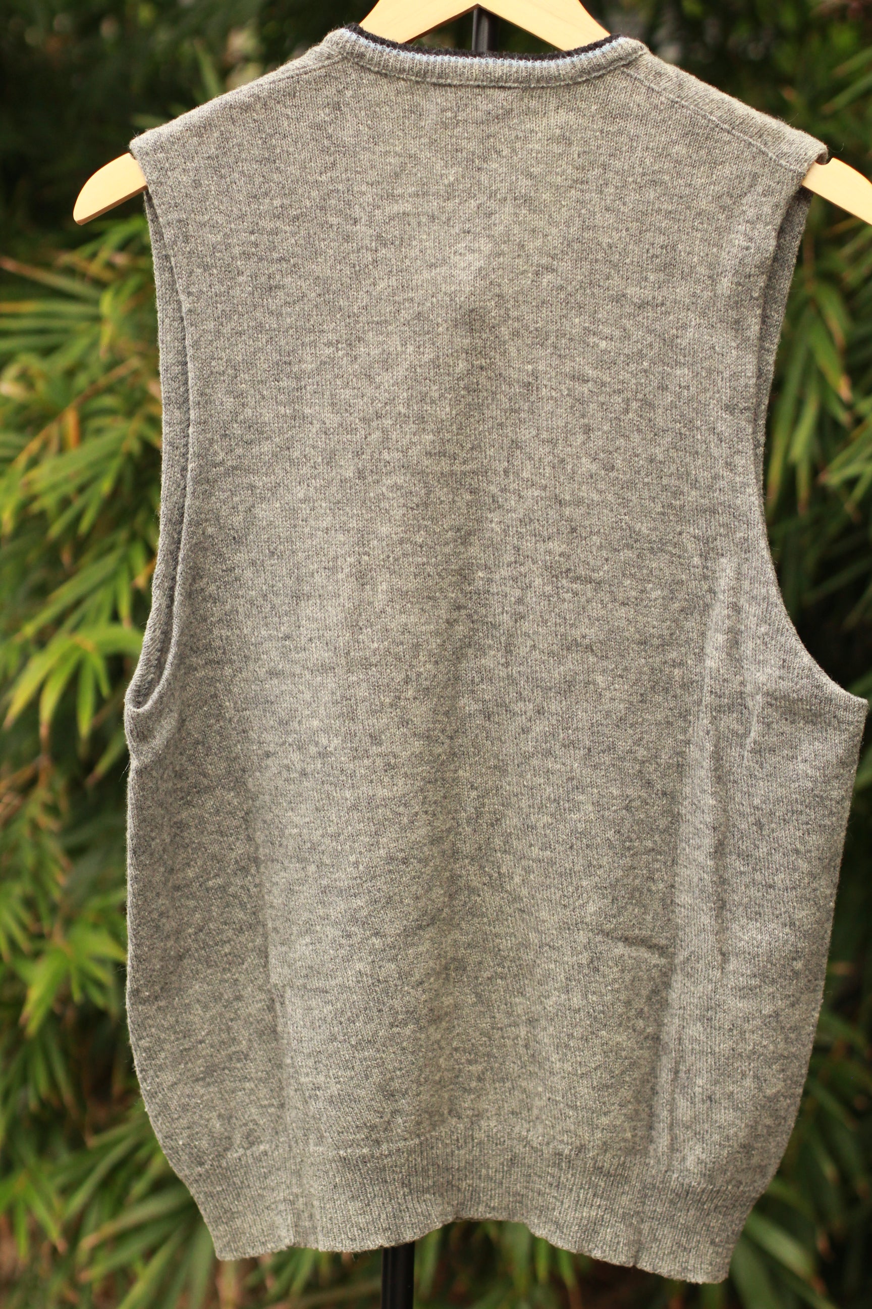 Back view of 1960s gray wool sweater vest