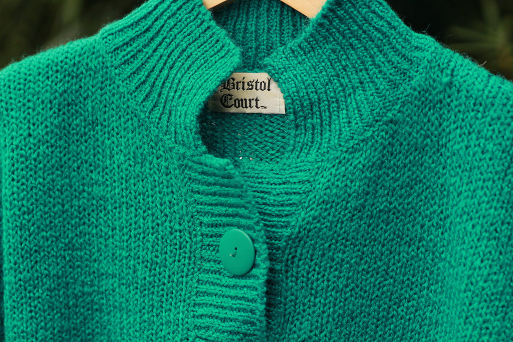 Vintage 1980s turquoise chunky knit pullover sweater with mock neck