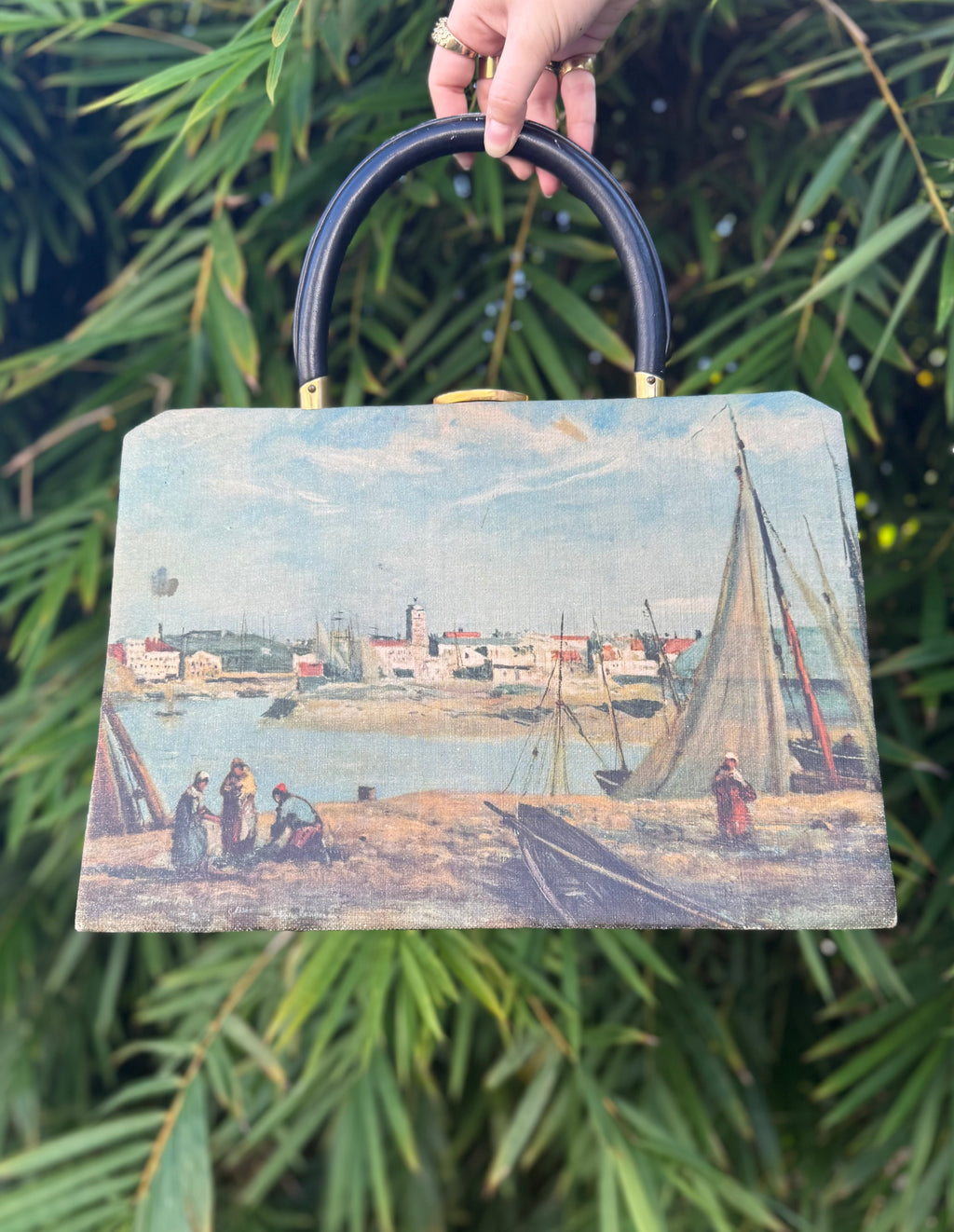 Vintage 1950s Tano of Madrid Harbor Scene Leather Handbag | Made in Spain