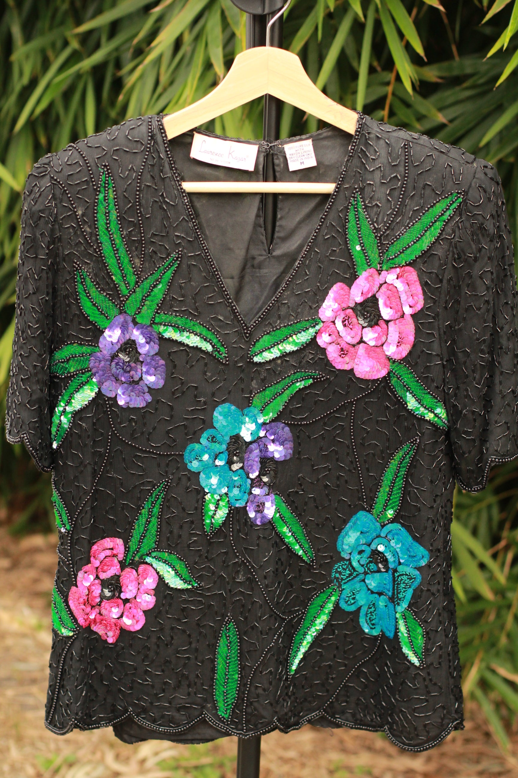 Vintage 1980s Laurence Kazar black silk short-sleeve blouse – front view