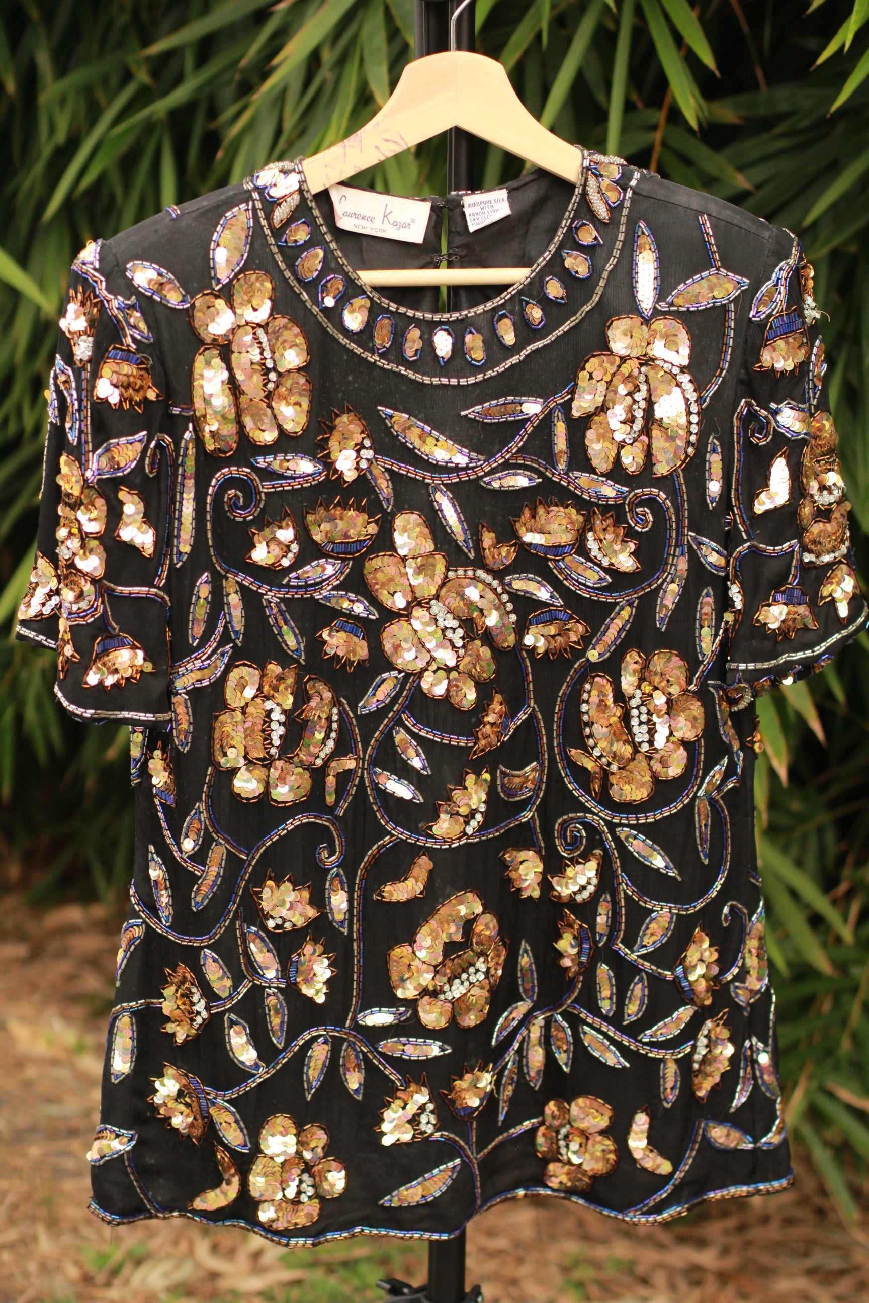 Vintage 1980s Laurence Kazar black silk short-sleeve sequined top – front view