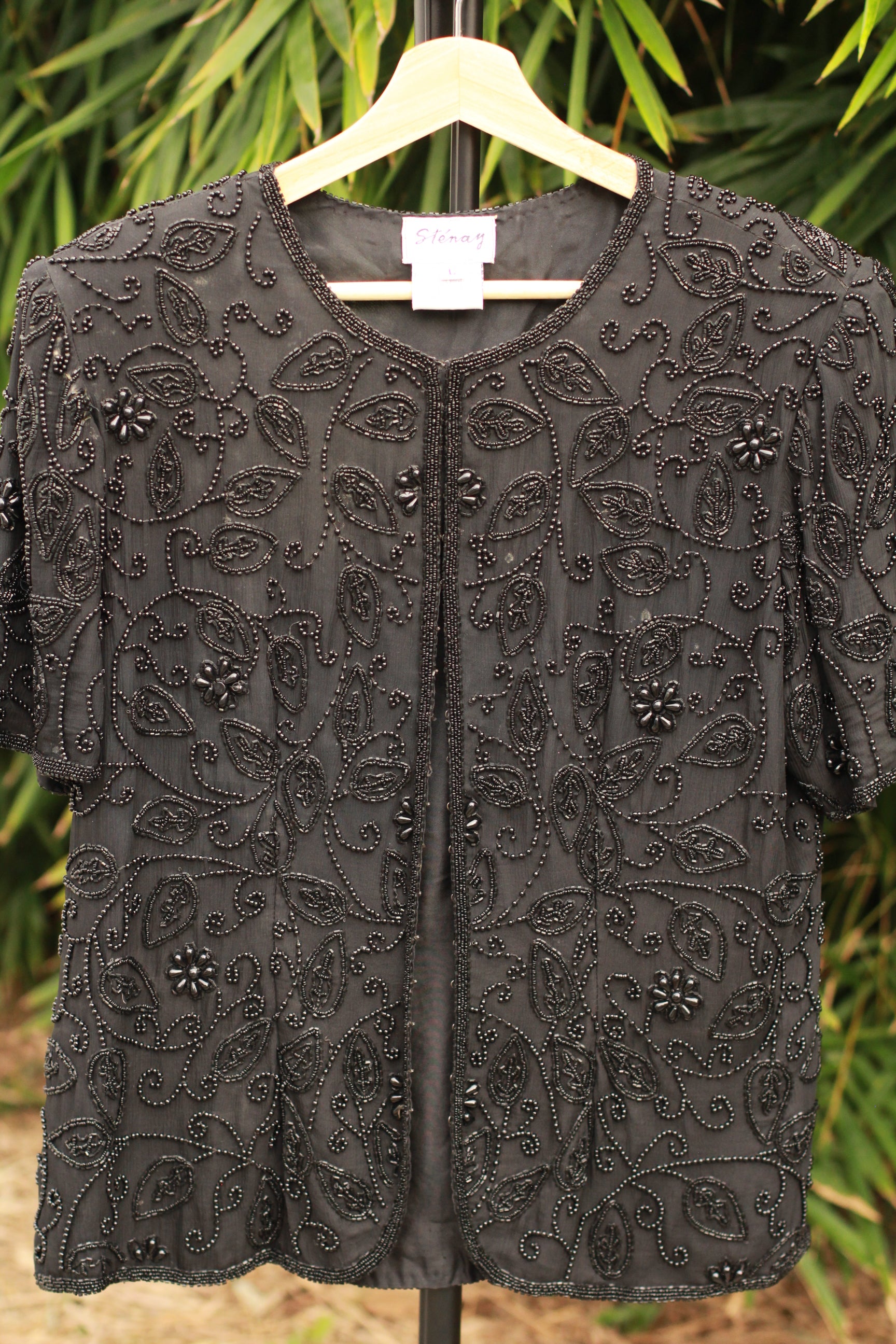 Vintage 1980s Stenay black silk beaded and sequined short sleeve evening jacket – front view