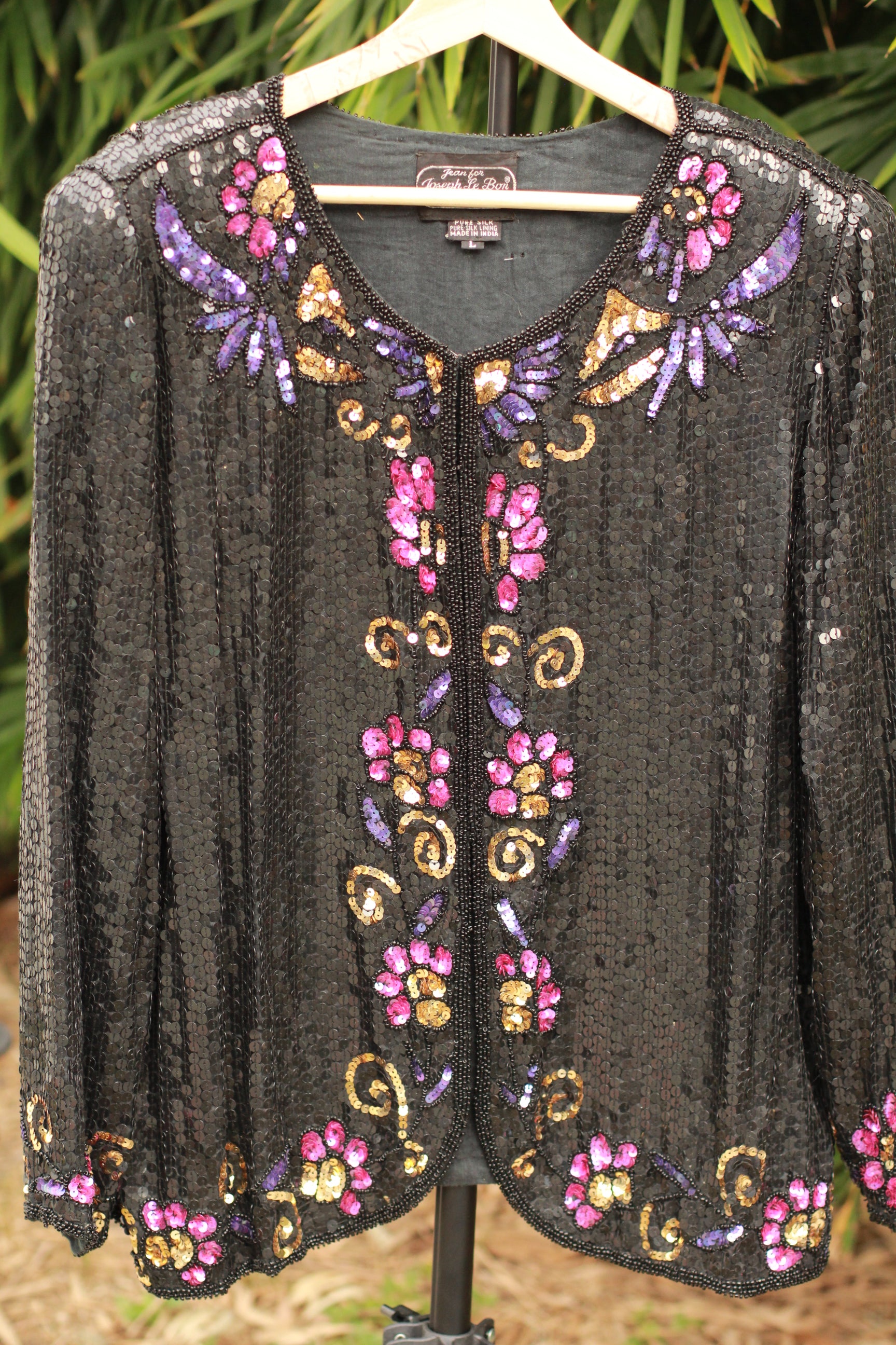 Vintage 1980s Jean for Joseph Le Bon black silk sequined cardigan jacket – front view