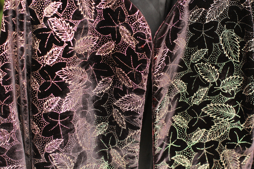 Metallic silver glitter leaf and dot pattern on 1980s velvet jacket