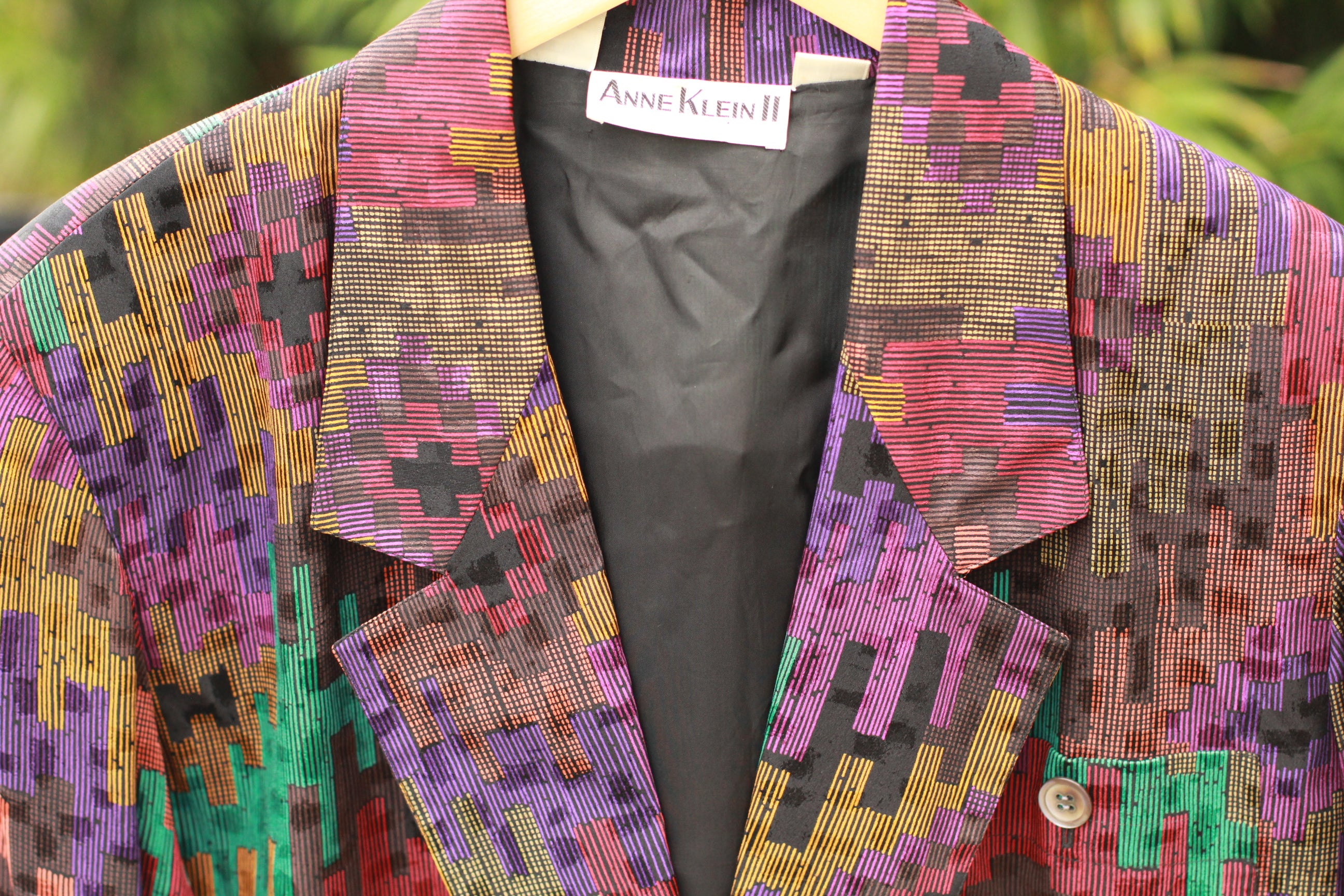 Vintage Anne Klein II silk blazer with bold multicolor geometric print, 1980s