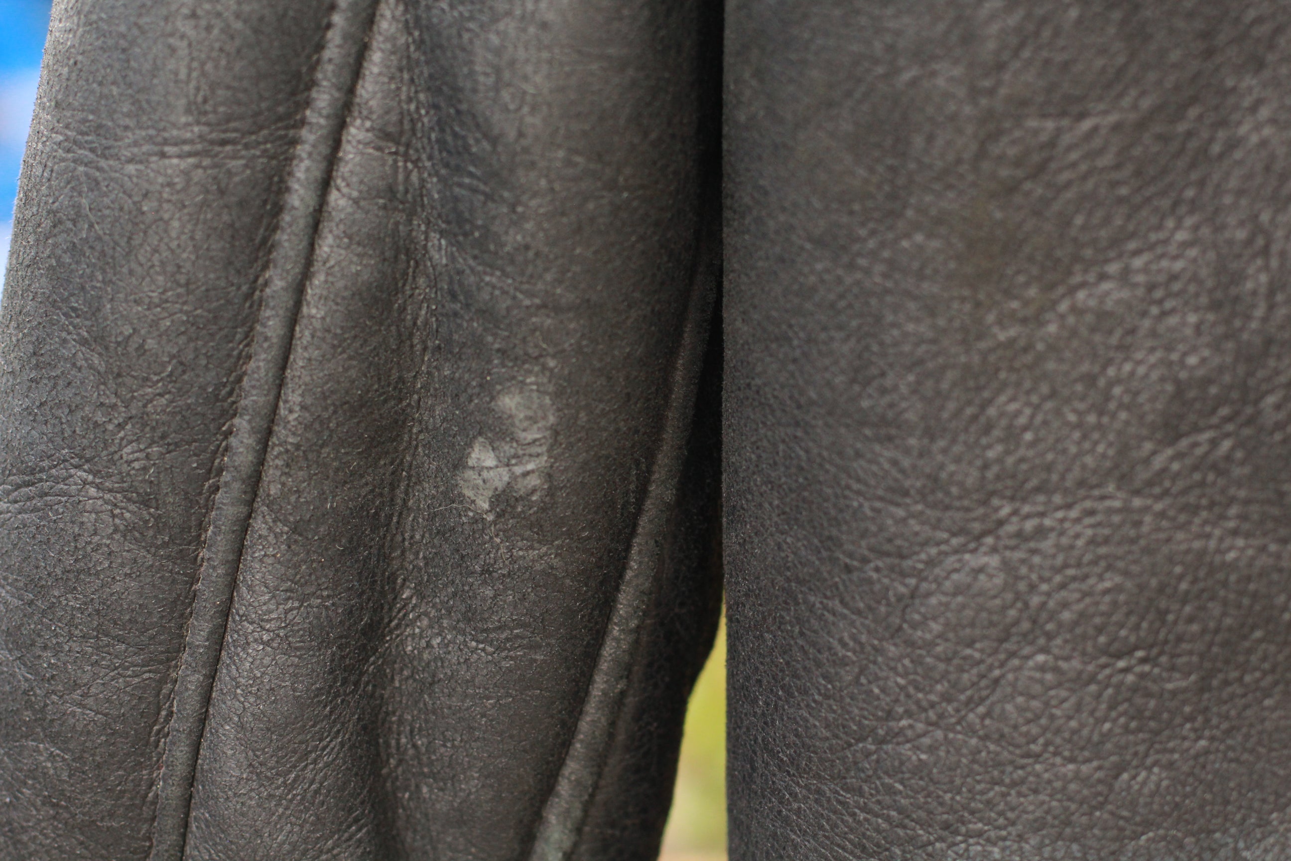 Close-up of natural wear on inside arm of Vintage Black B3 Shearling Bomber Jacket
