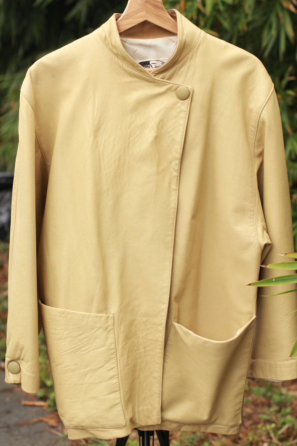front view of Vintage Beige Leather Jacket without tie-belt