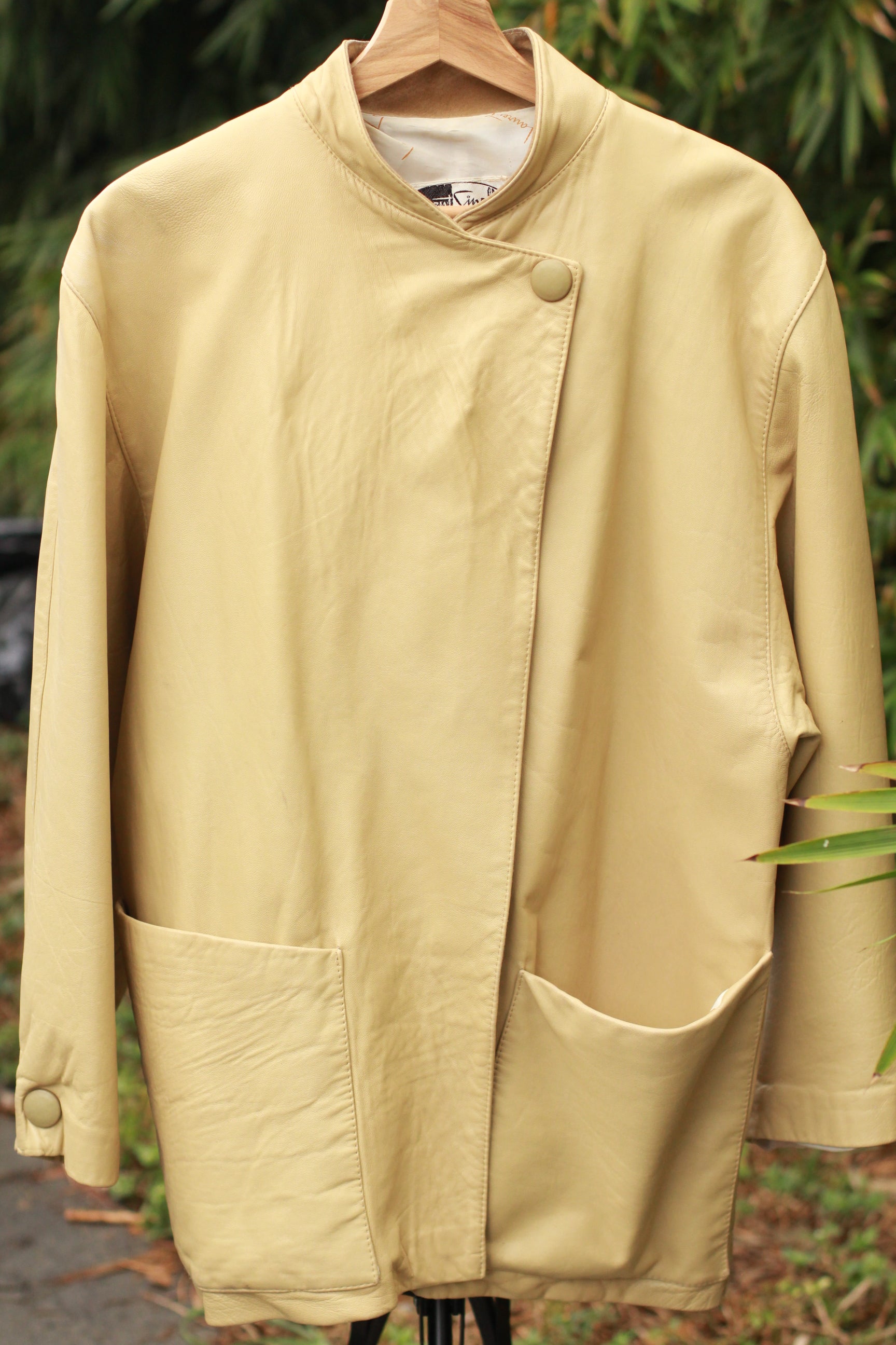 front view of Vintage Beige Leather Jacket without tie-belt