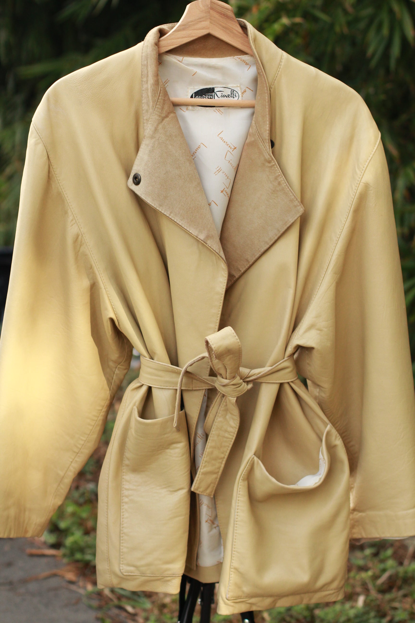 Front view of Vintage Beige Leather Tie-Belt Jacket