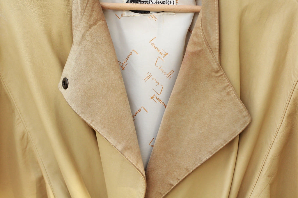 Close up of suede lapels on Vintage Beige Leather Tie-Belt Jacket