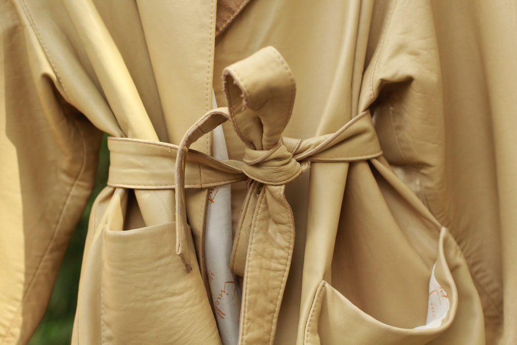 Close up of tie belt on Vintage Beige Leather Jacket