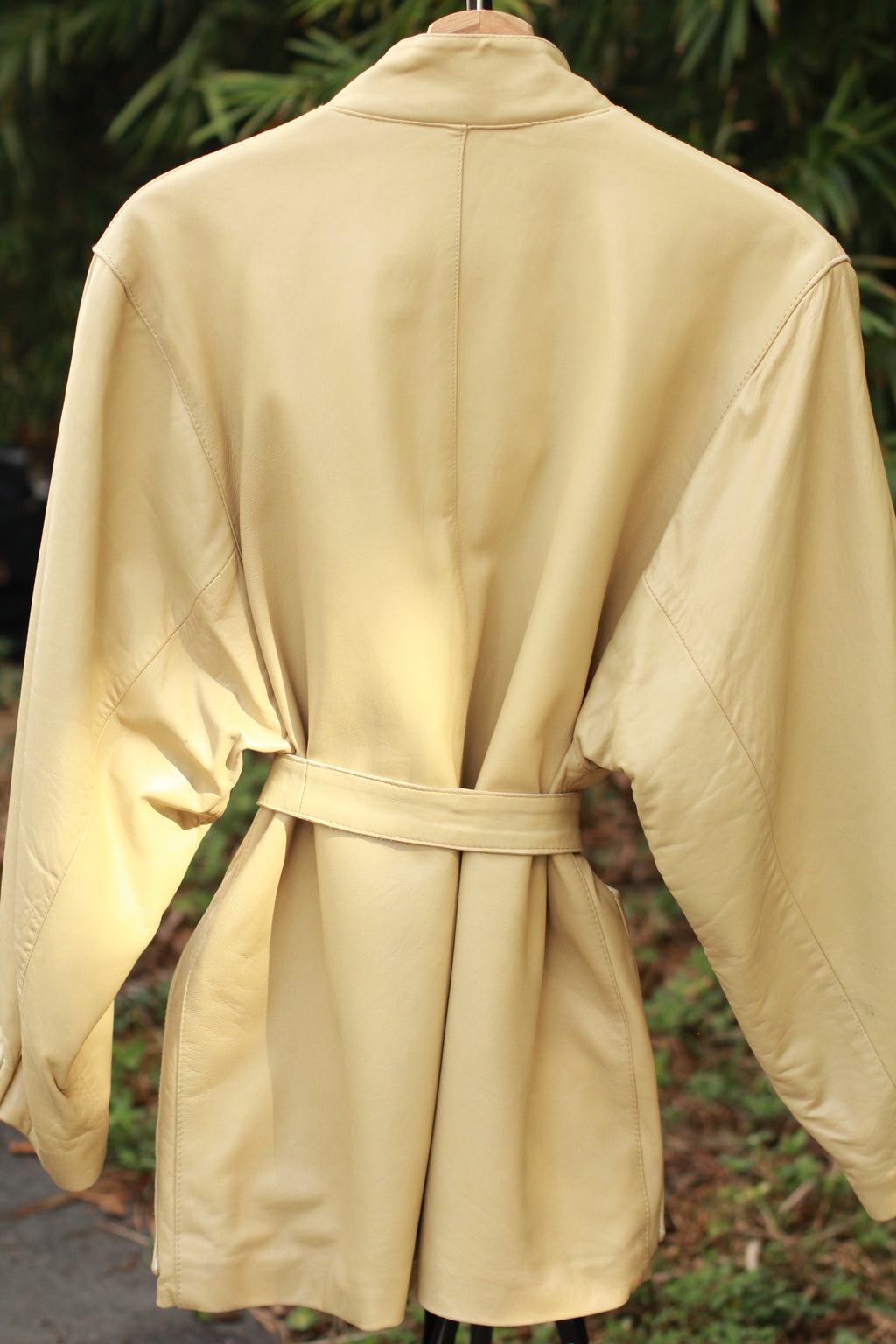 Back view of Vintage Beige Leather Tie-Belt Jacket