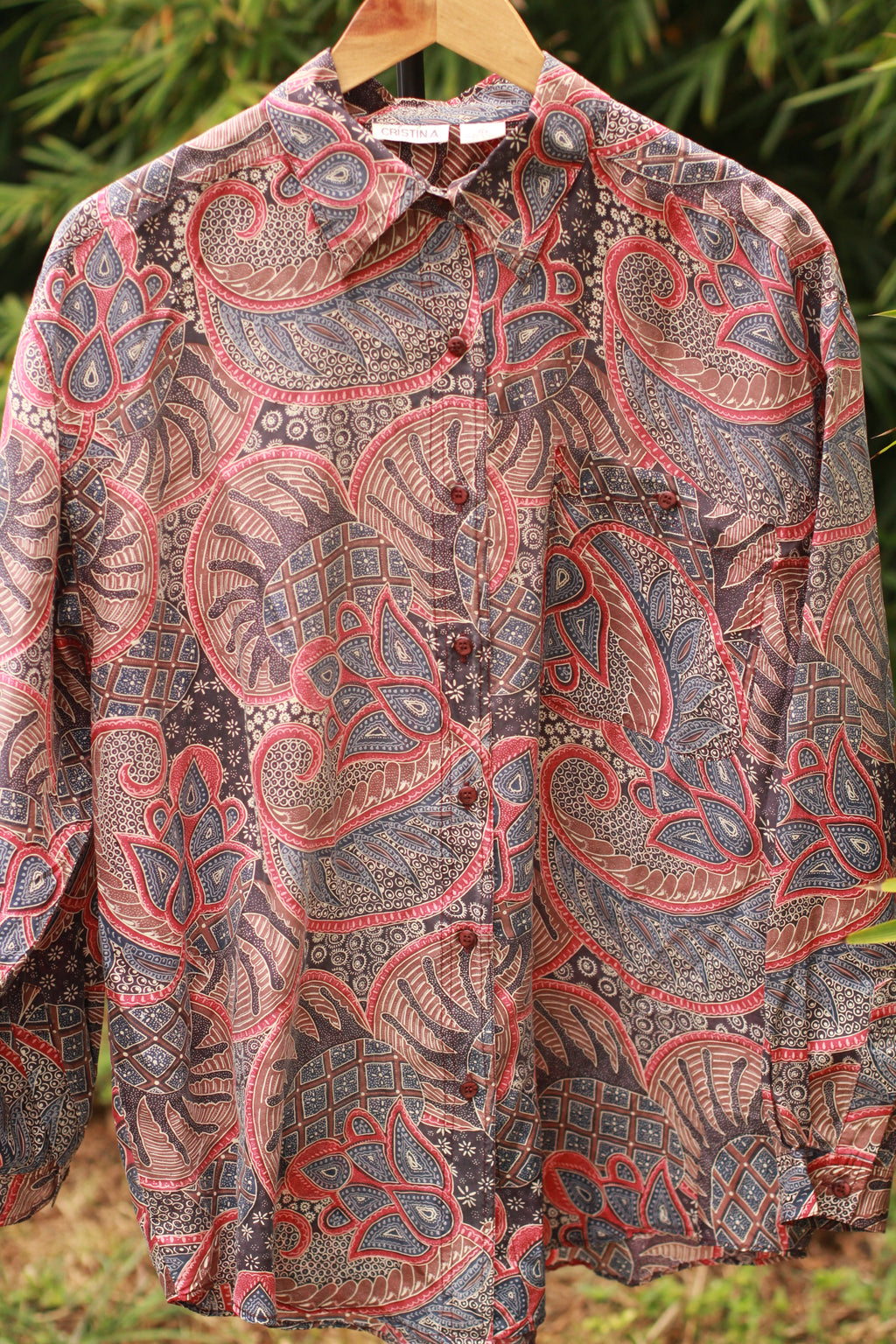 Vintage 1980s Cristina silk paisley print button-down shirt – front view