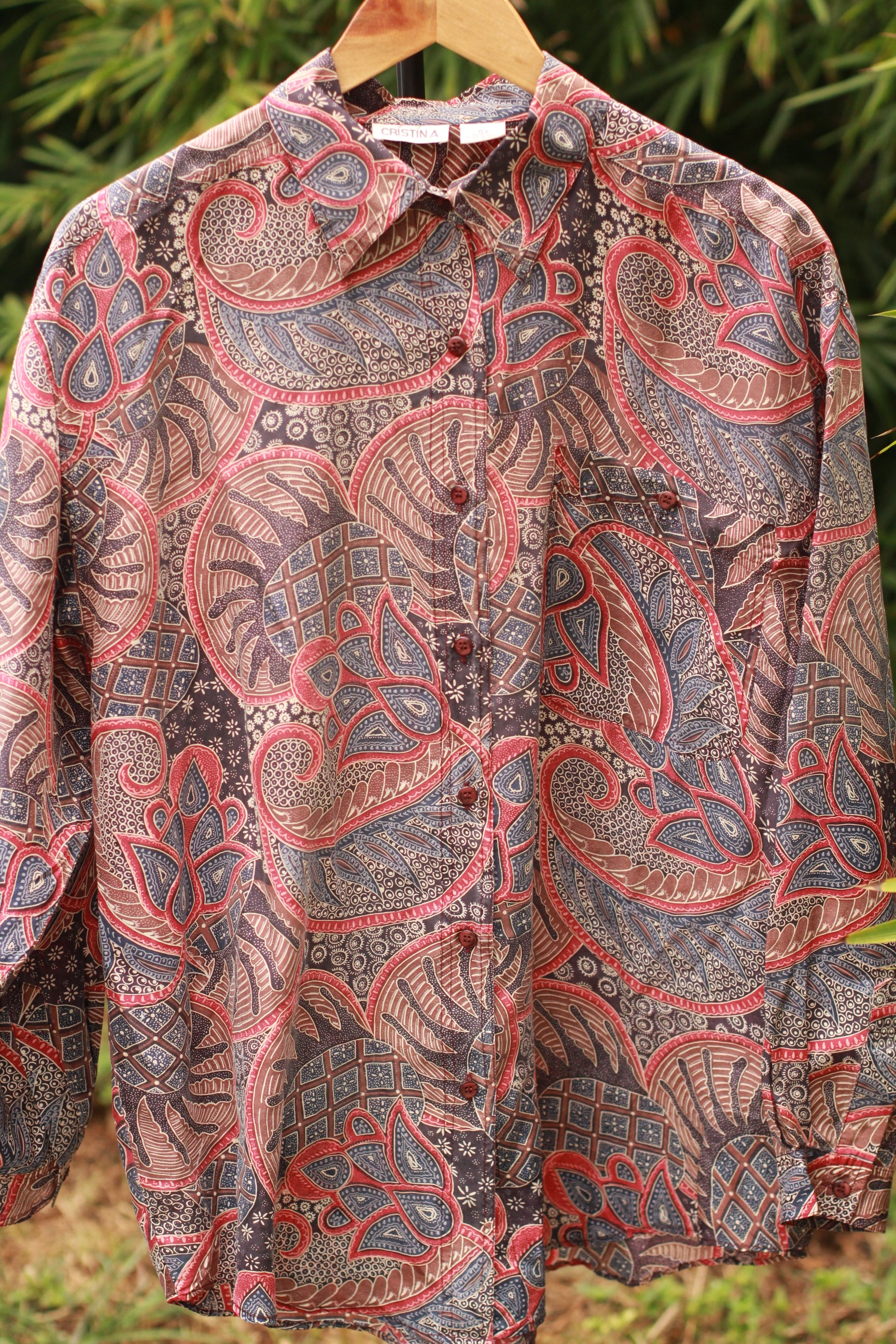 Vintage 1980s Cristina silk paisley print button-down shirt – front view